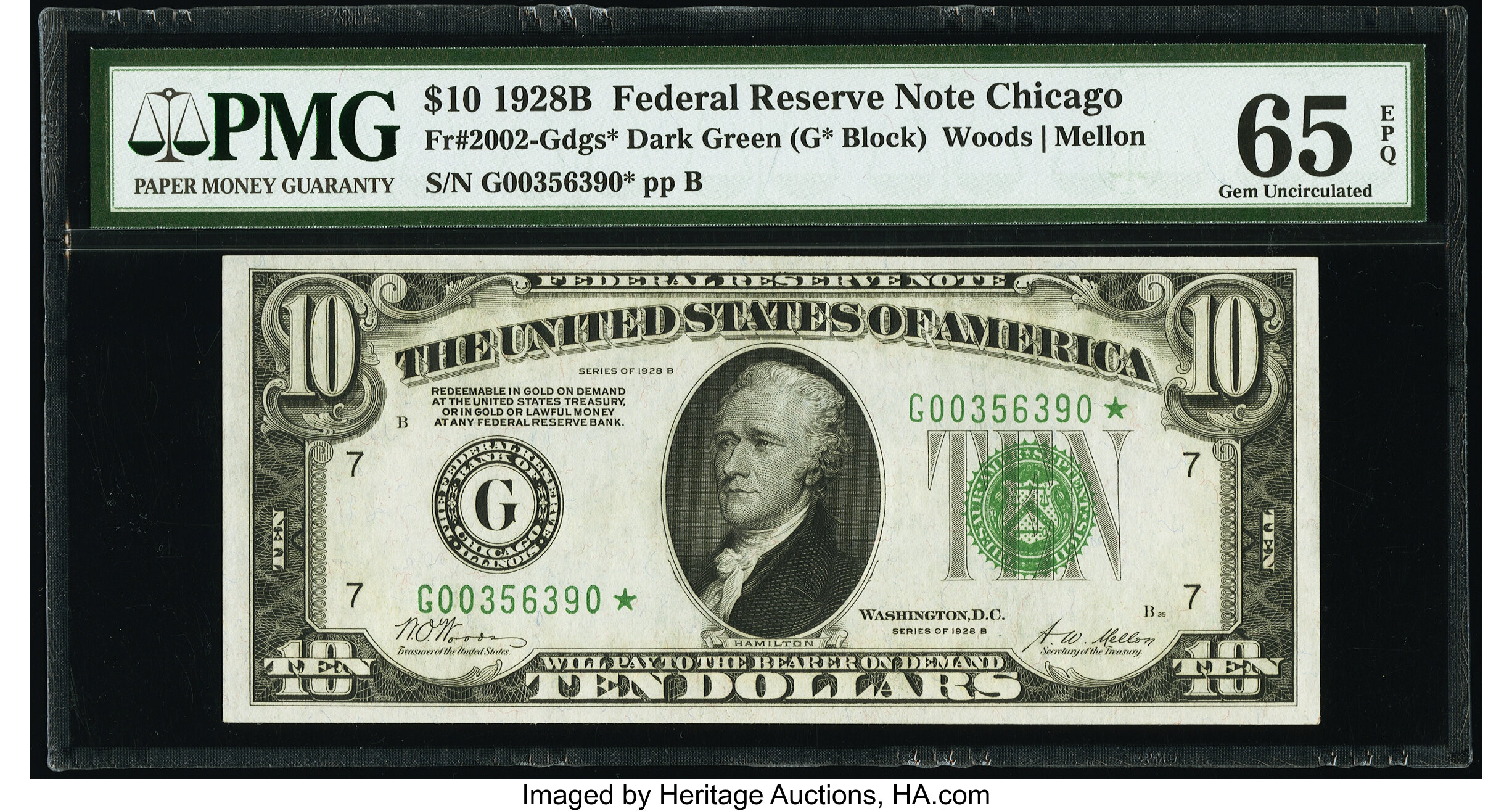 image for: Fr. 2002-G* $10 1928B Dark Green Seal Federal Reserve Star Note. PMG Gem Uncirculated 65 EPQ....