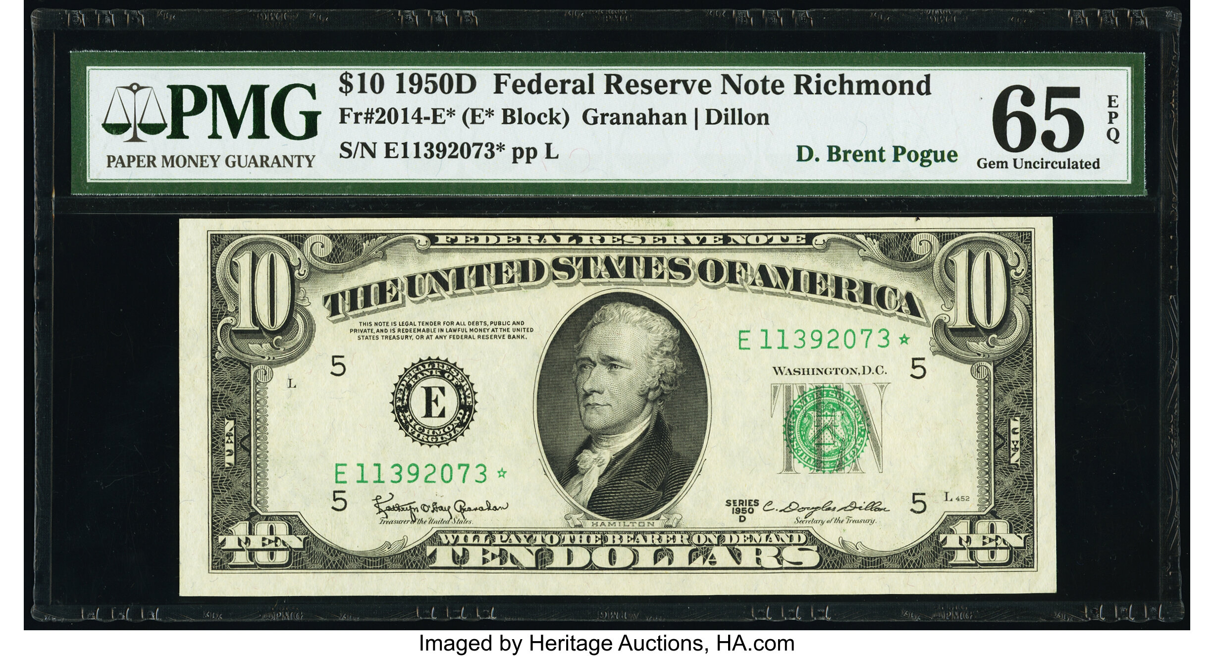 image for: Fr. 2014-E* $10 1950D Federal Reserve Star Note. PMG Gem Uncirculated 65 EPQ....