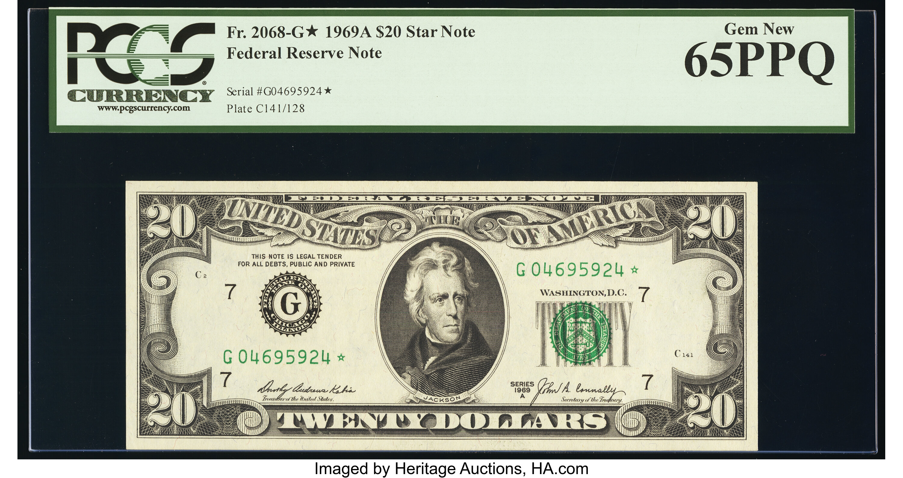 image for: Fr. 2068-G* $20 1969A Federal Reserve Star Note. PCGS Gem New 65PPQ....