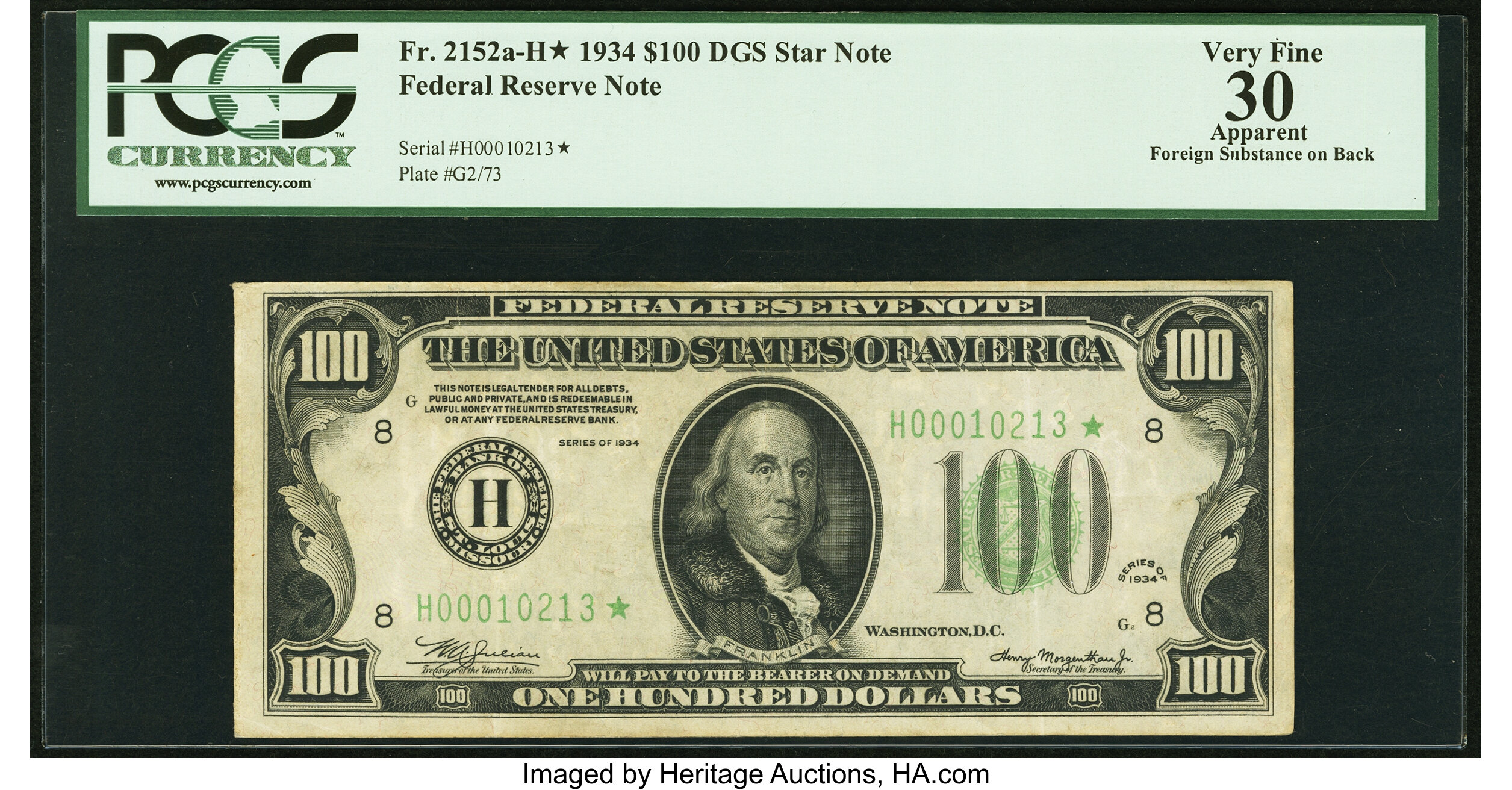 image for: Fr. 2152-H* $100 1934 Dark Green Seal Federal Reserve Star Note. PCGS Apparent Very Fine 30....