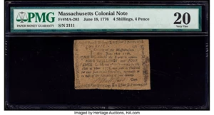 image for: Massachusetts June 18, 1776 4s 4d PMG Very Fine 20....