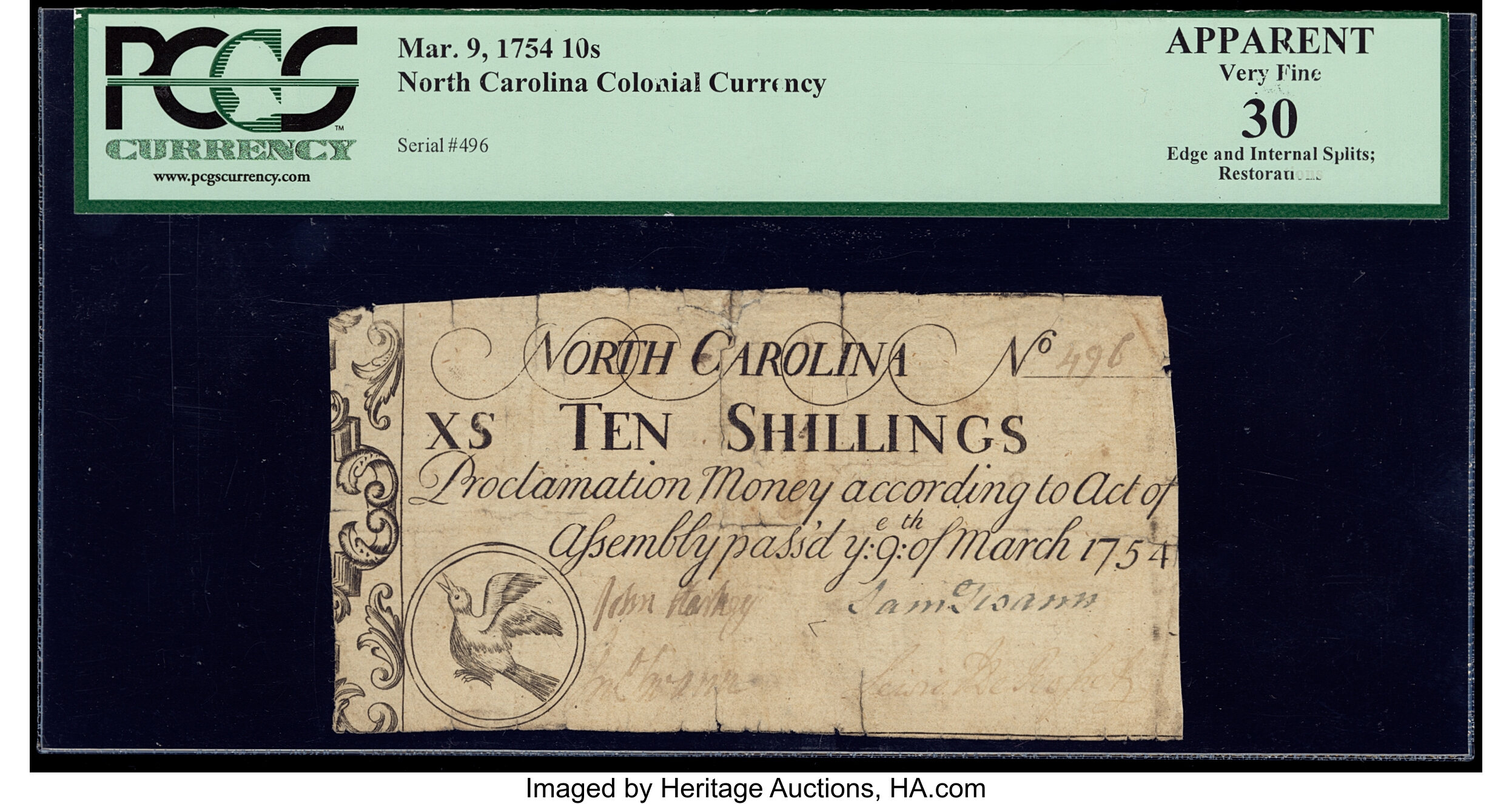 image for: North Carolina March 9, 1754 10s PCGS Apparent Very Fine 30....