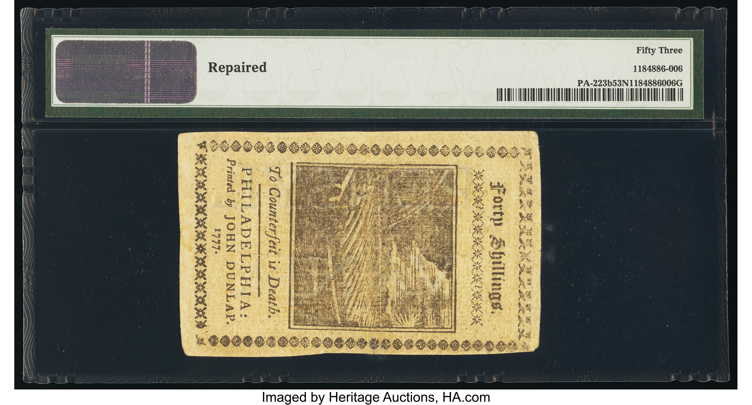 image for: Pennsylvania April 10, 1777 40s Red and Black PMG About Uncirculated 53 Net....