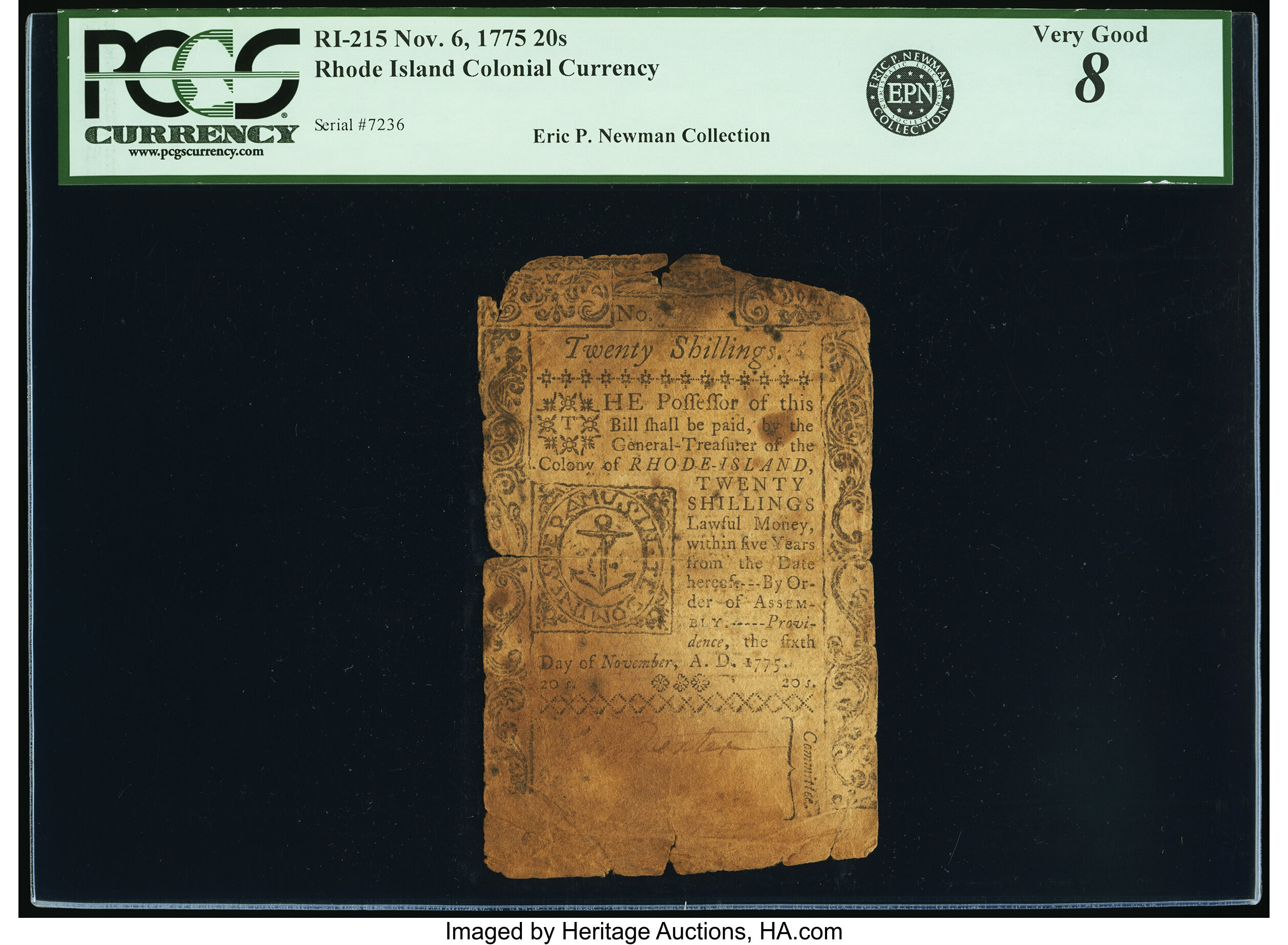 image for: Rhode Island November 6, 1775 20s PCGS Very Good 8....