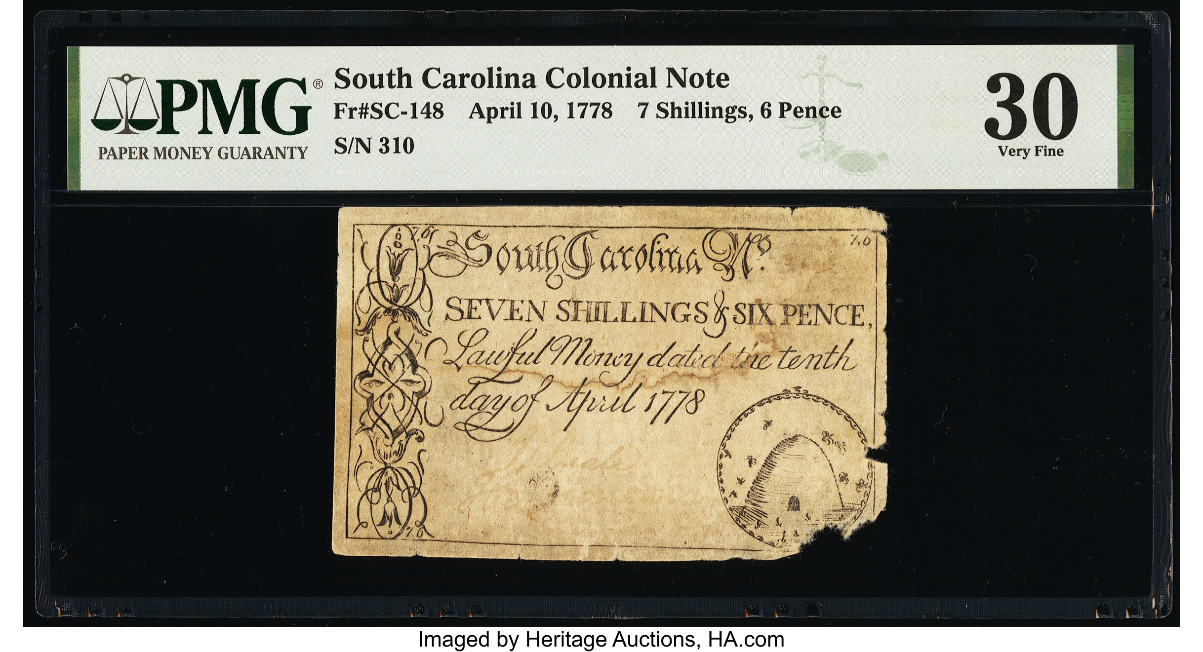 image for: South Carolina April 10, 1778 7s 6d PMG Very Fine 30....