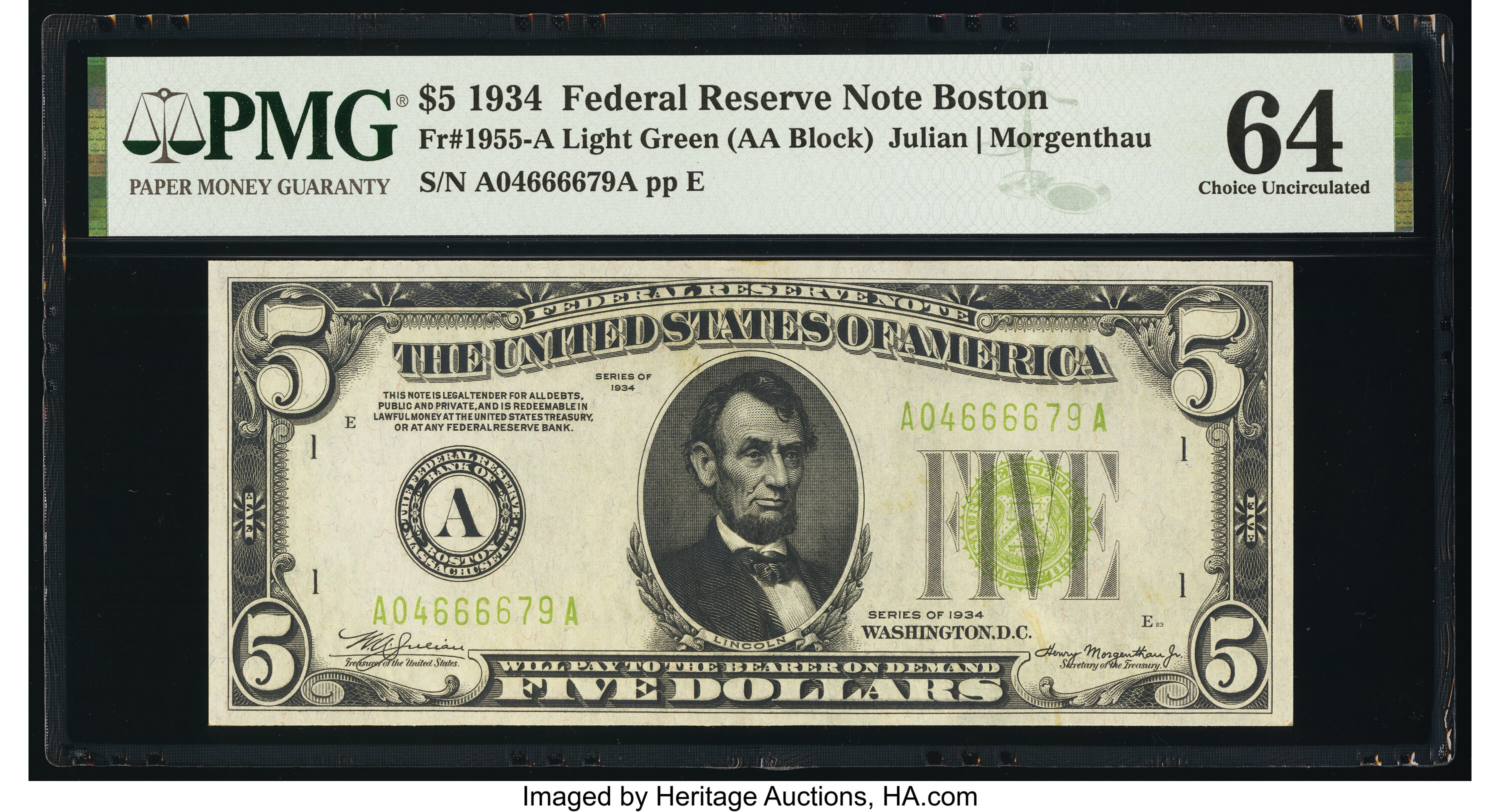 image for: Fr. 1955-A $5 1934 Light Green Seal Federal Reserve Note. PMG Choice Uncirculated 64....