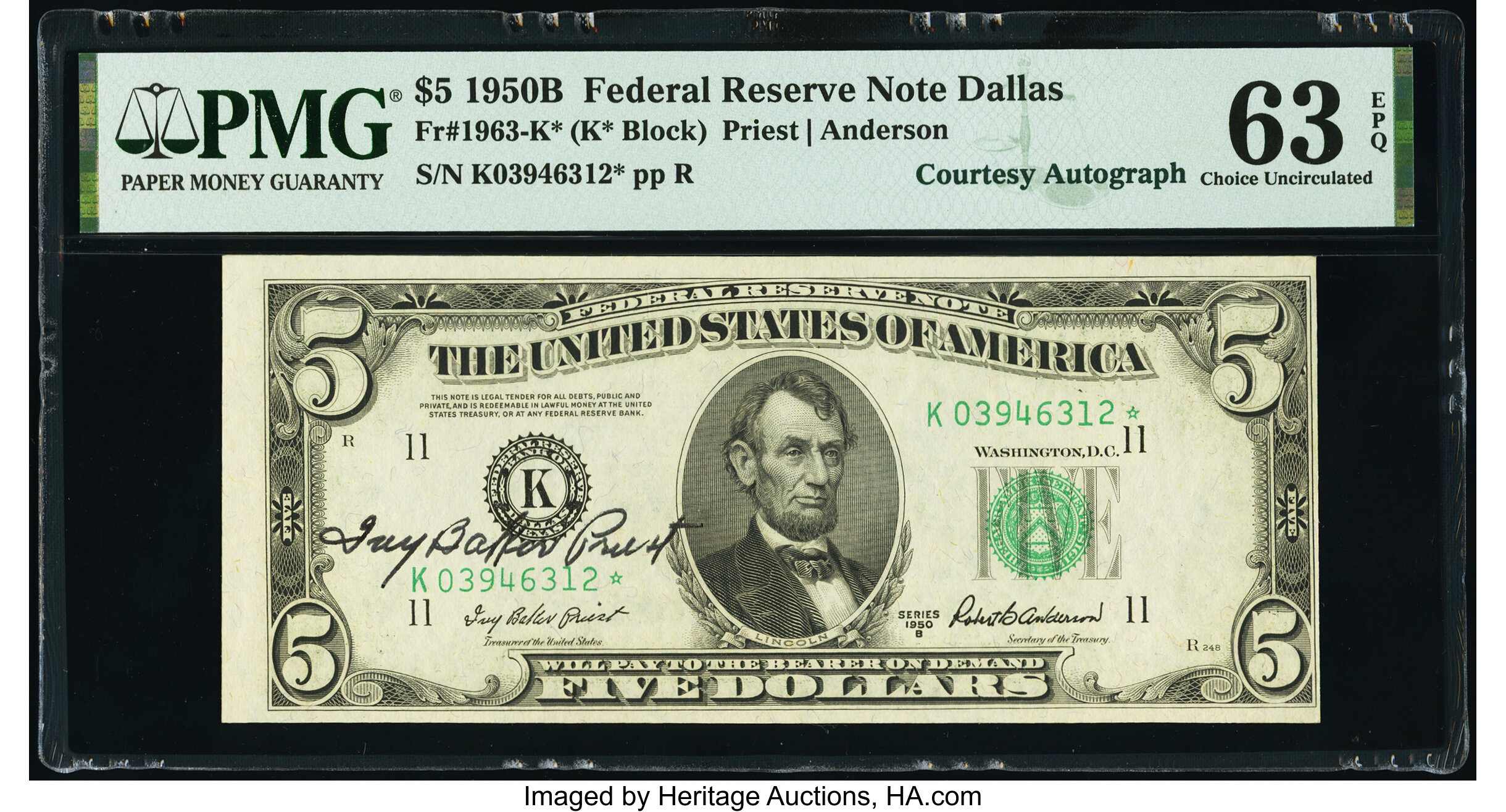 image for: Ivy Baker Priest Courtesy Autographed Fr. 1963-K* $5 1950B Federal Reserve Star Note. PMG Choice Uncirculated 63 EPQ....