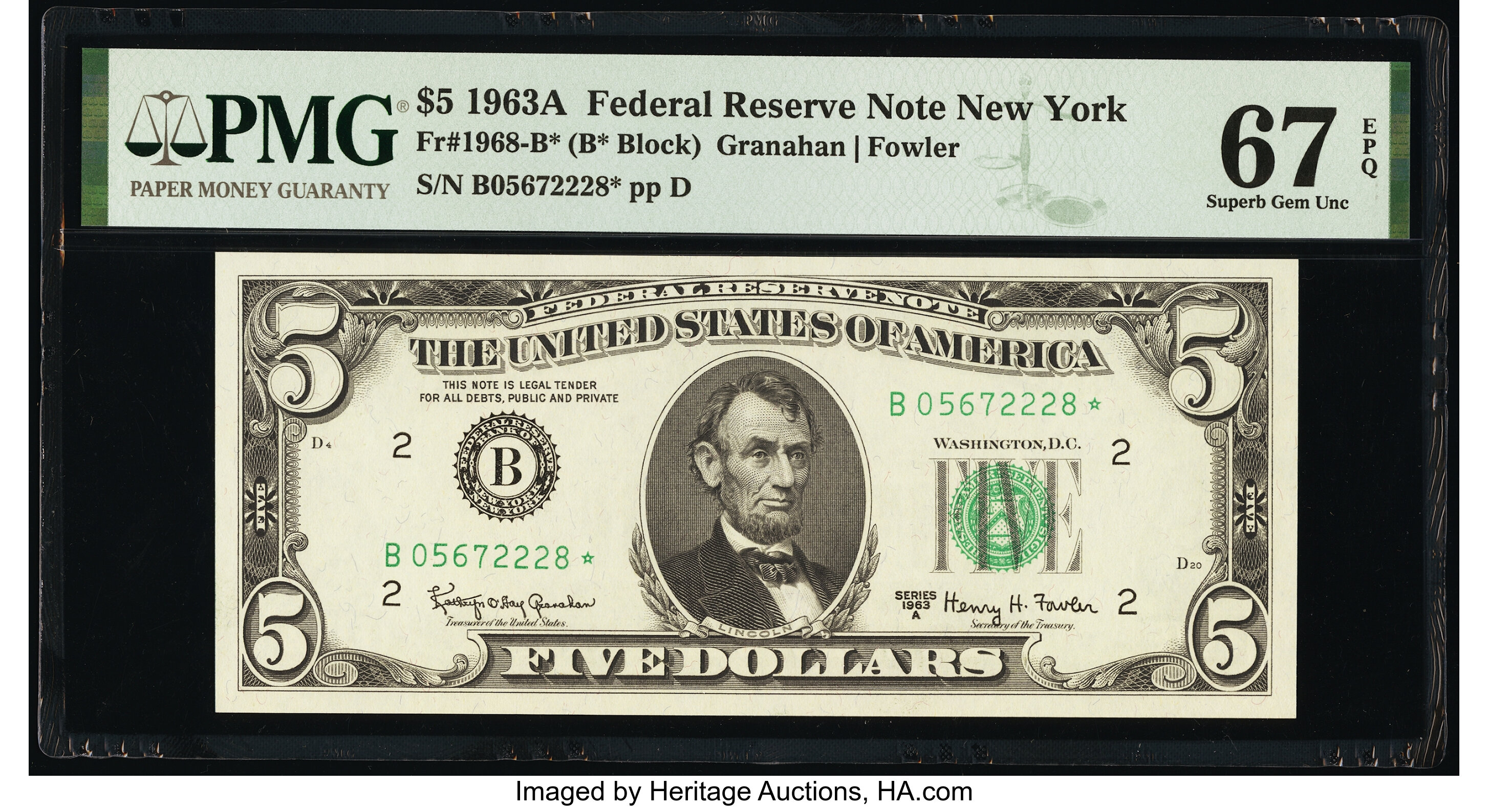 image for: Fr. 1968-B* $5 1963A Federal Reserve Star Note. PMG Superb Gem Unc 67 EPQ....