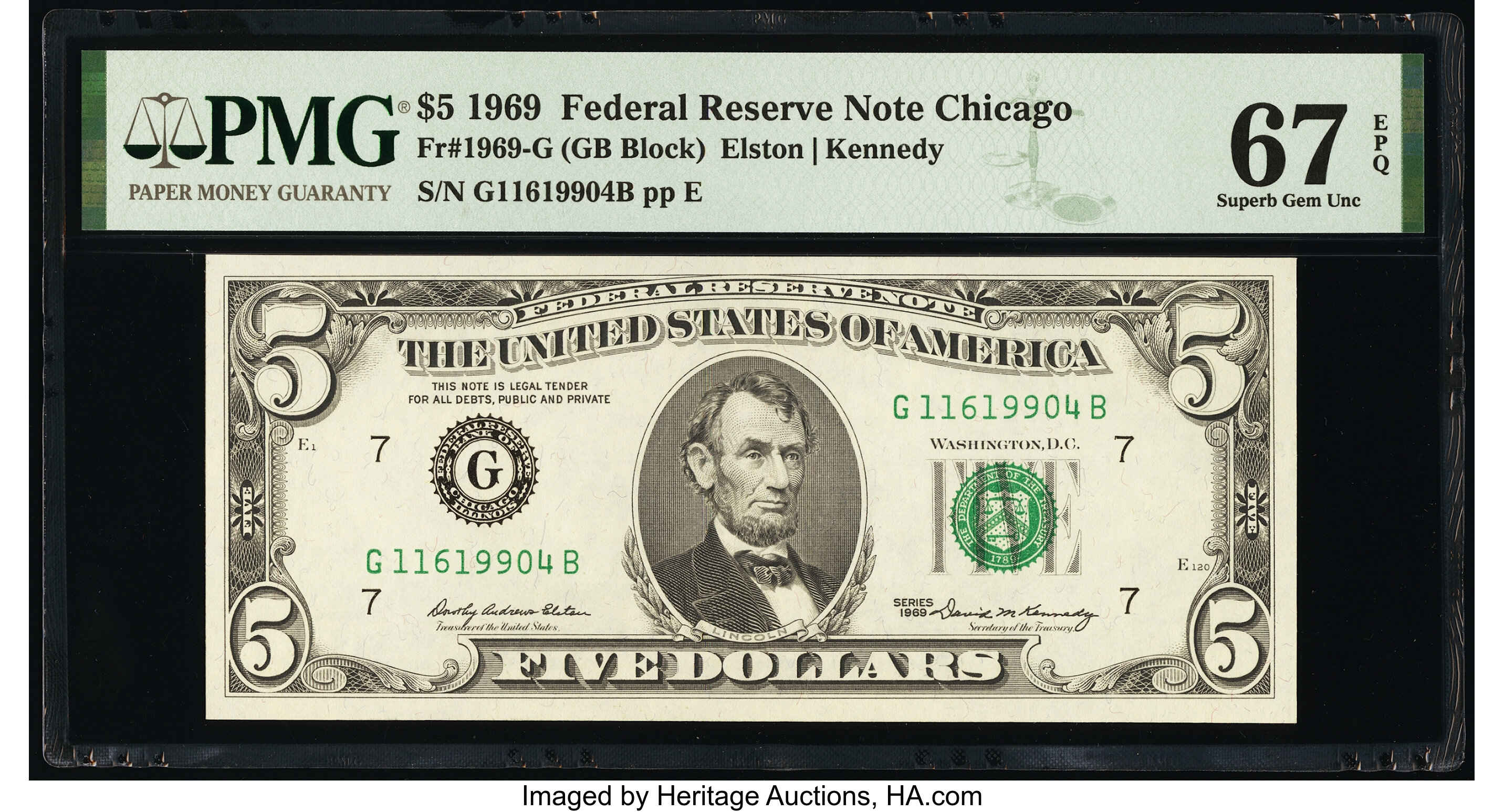 image for: Fr. 1969-G $5 1969 Federal Reserve Note. PMG Superb Gem Unc 67 EPQ....