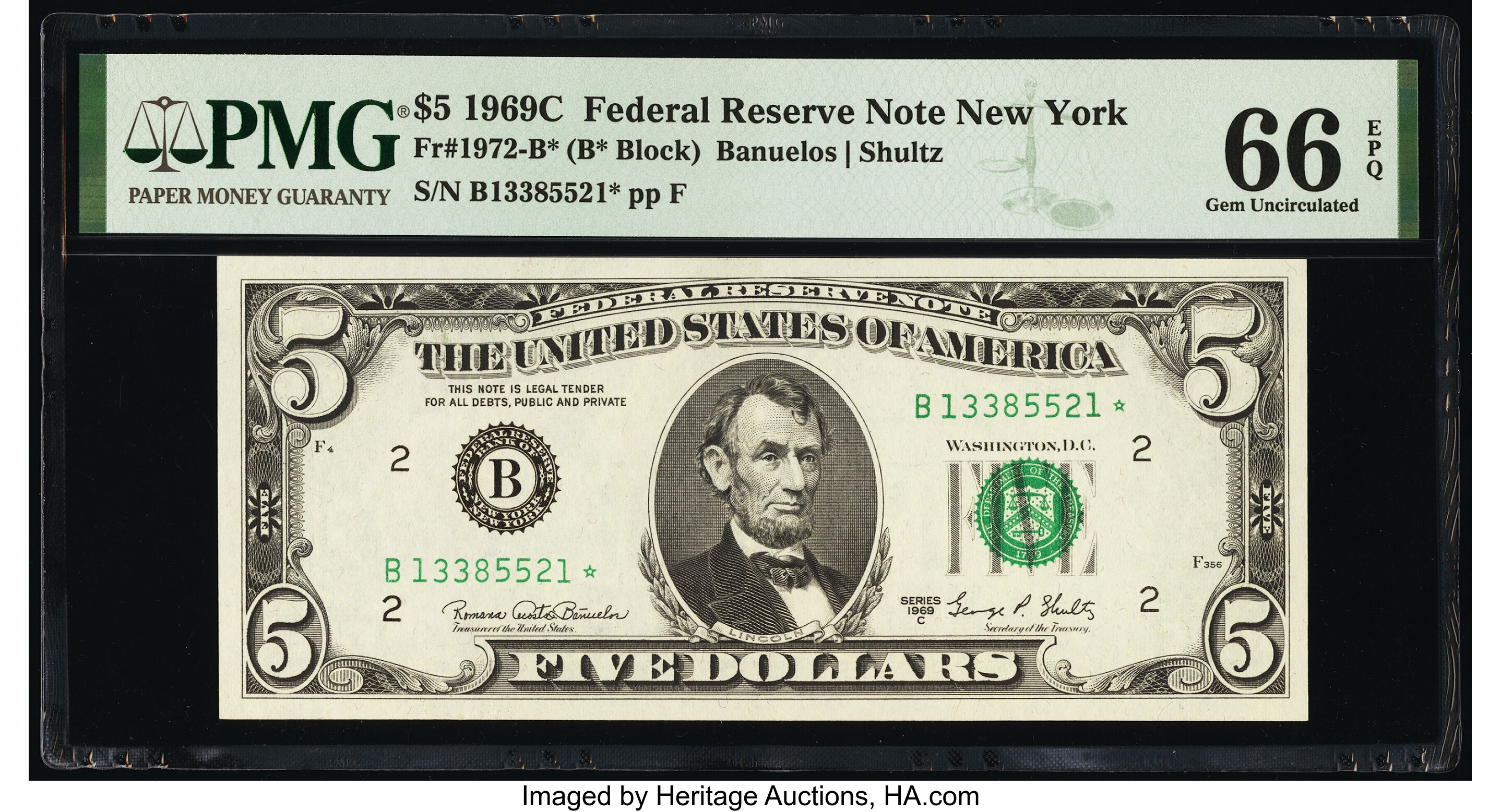 image for: Fr. 1972-B* $5 1969C Federal Reserve Star Note. PMG Gem Uncirculated 66 EPQ....