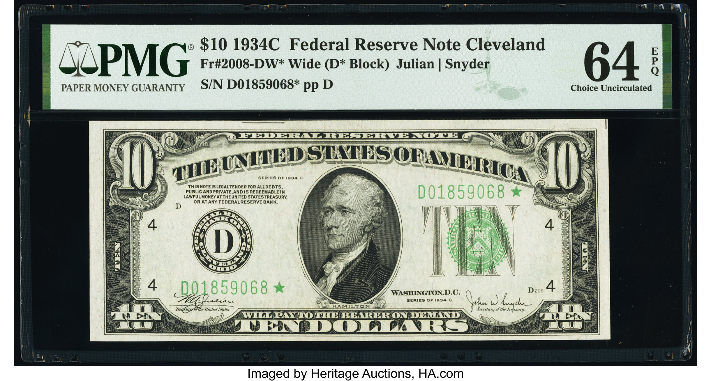 image for: Fr. 2008-D* $10 1934C Wide Federal Reserve Star Note. PMG Choice Uncirculated 64 EPQ....