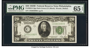 image for: Fr. 2052-C $20 1928B Dark Green Seal Federal Reserve Note. PMG Gem Uncirculated 65 EPQ....