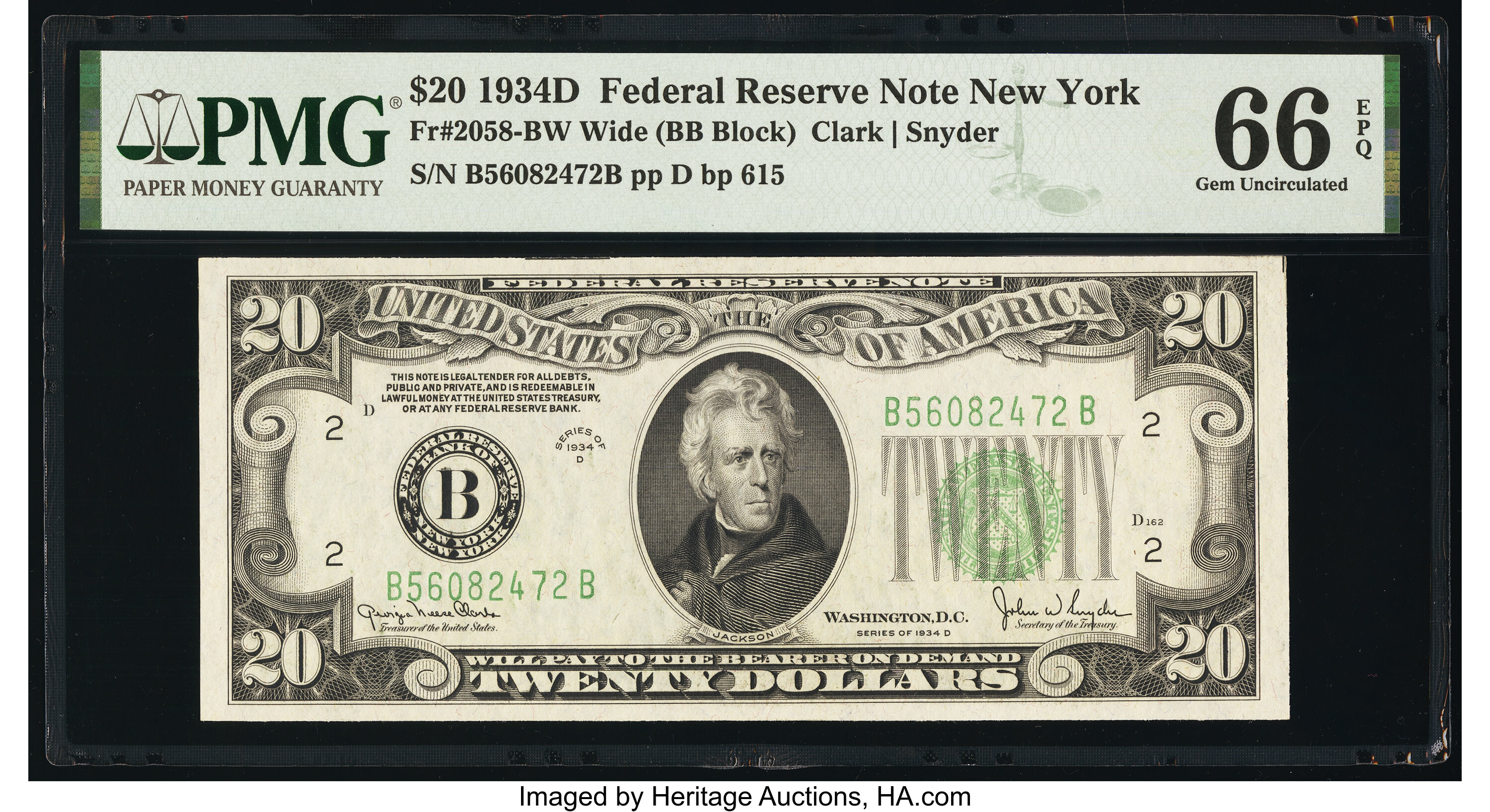 image for: Fr. 2058-B $20 1934D Wide Federal Reserve Note. PMG Gem Uncirculated 66 EPQ....
