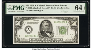image for: Fr. 2101-A $50 1928A Dark Green Seal Federal Reserve Note. PMG Choice Uncirculated 64 EPQ....