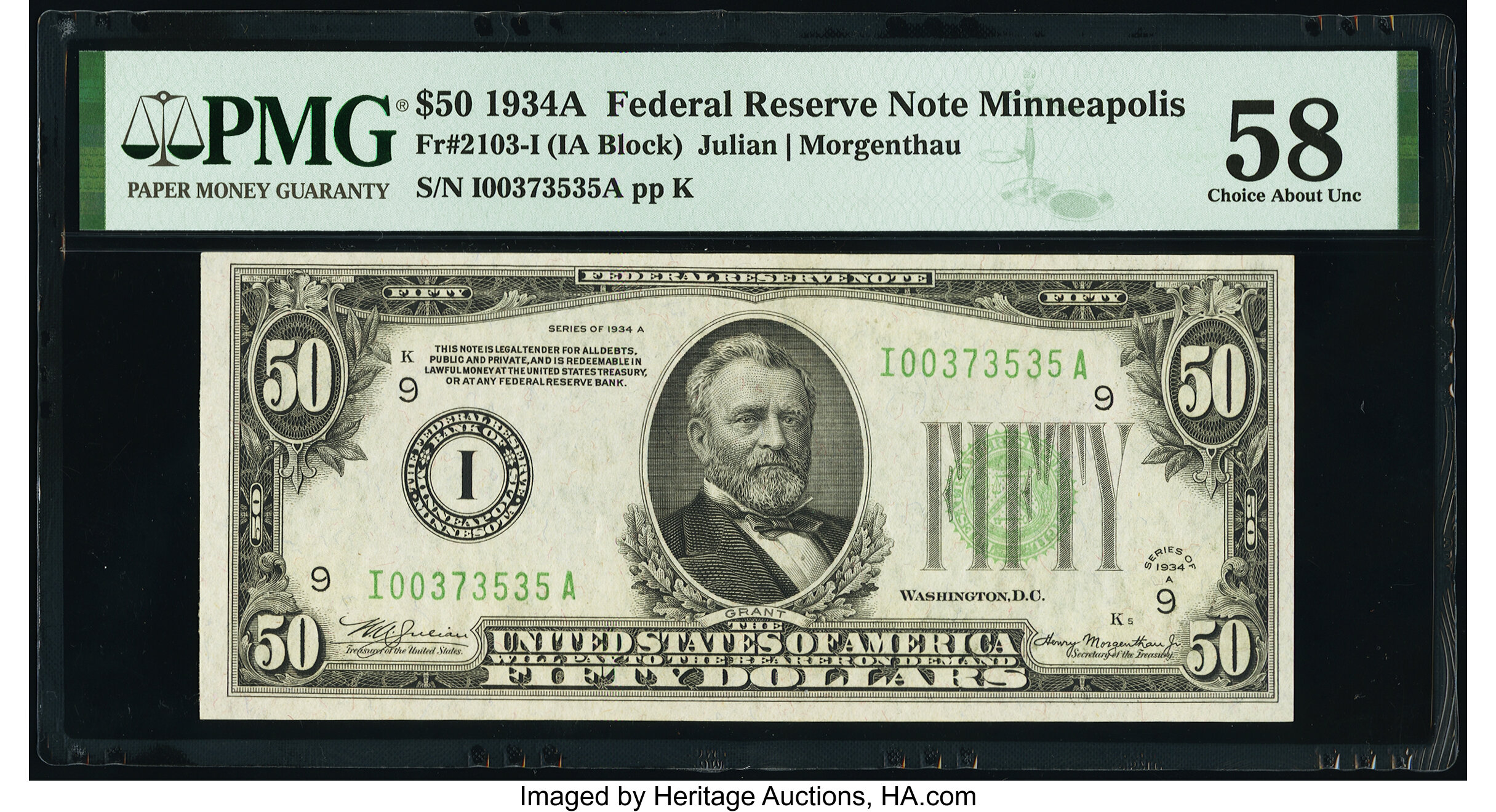 image for: Fr. 2103-I $50 1934A Federal Reserve Note. PMG Choice About Unc 58....