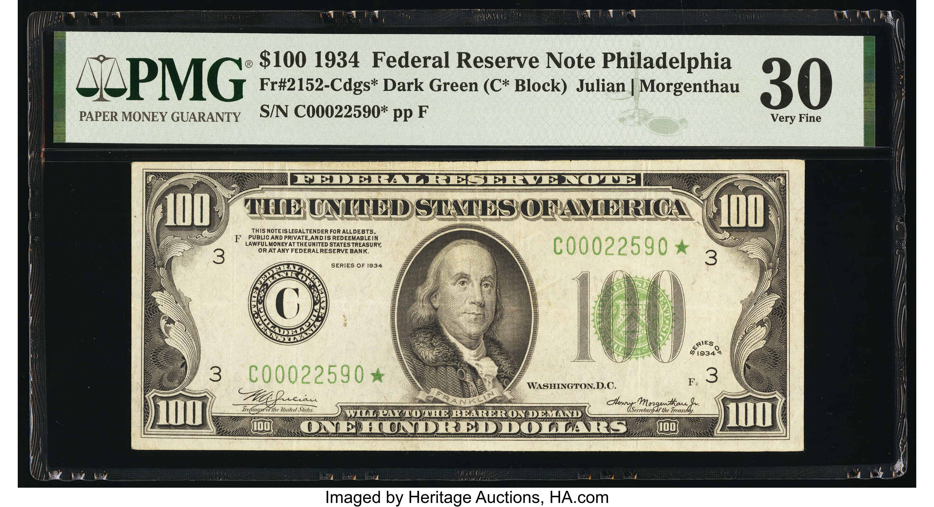 image for: Fr. 2152-C* $100 1934 Dark Green Seal Federal Reserve Star Note. PMG Very Fine 30....