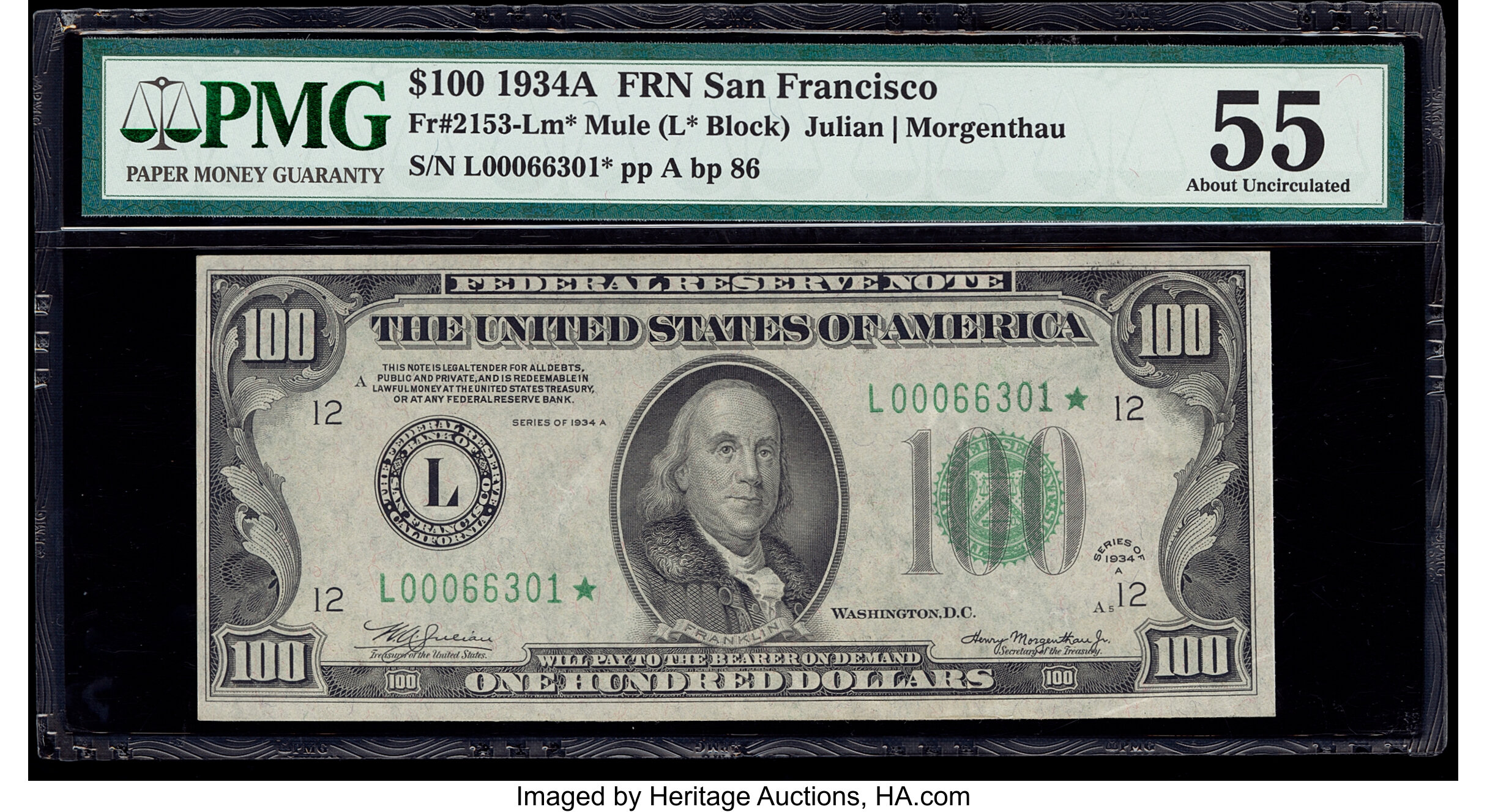image for: Fr. 2153-L* $100 1934A Mule Federal Reserve Star Note. PMG About Uncirculated 55....