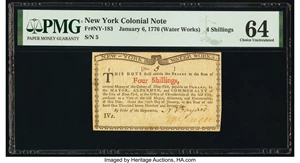 image for: Low Serial Number 5 New York January 6, 1776 (Water Works) 4s PMG Choice Uncirculated 64....