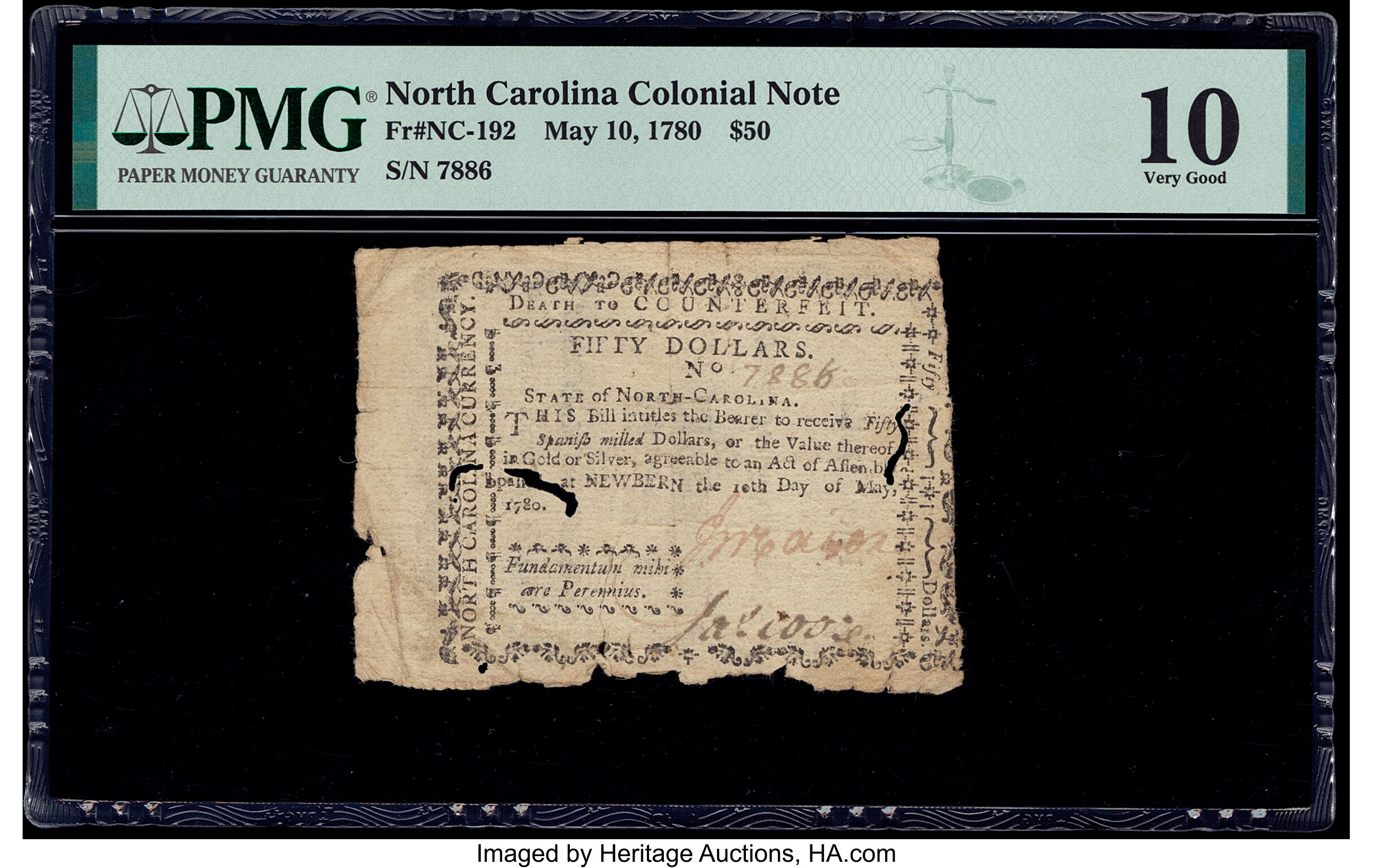 image for: North Carolina May 10, 1780 $50 Fundamentum Mihi Aere Perennius PMG Very Good 10....