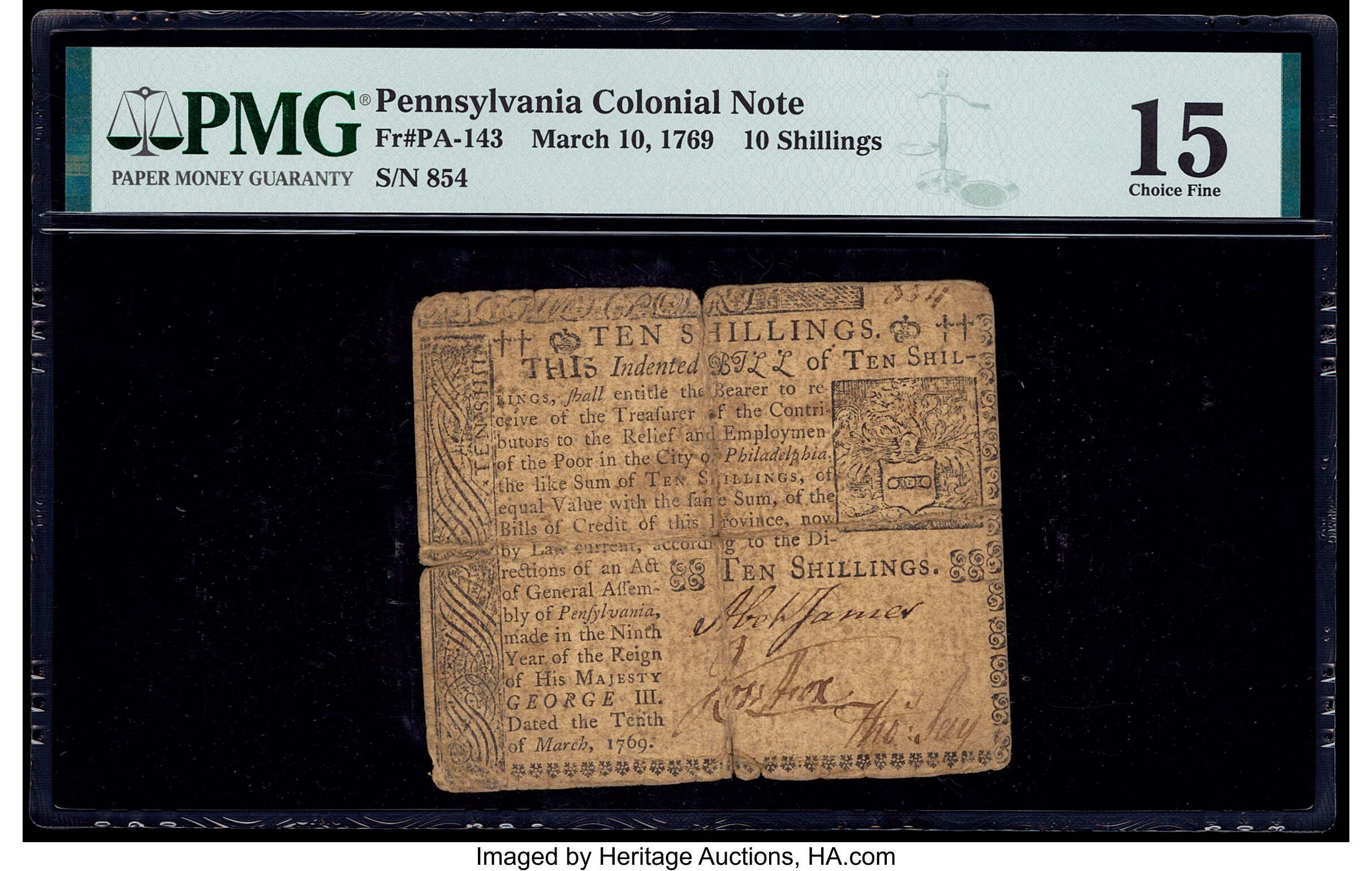 image for: Pennsylvania March 10, 1769 10s PMG Choice Fine 15....