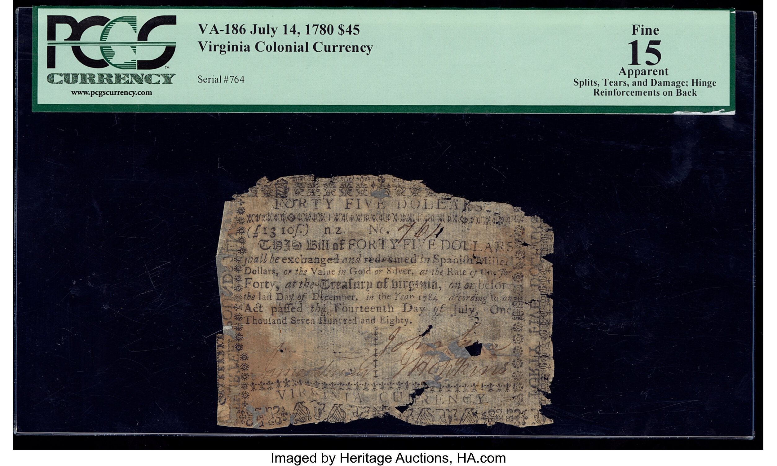image for: Virginia July 14, 1780 $45 PCGS Apparent Fine 15....