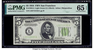 image for: Fr. 1955-L $5 1934 Federal Reserve Note. PMG Gem Uncirculated 65 EPQ....