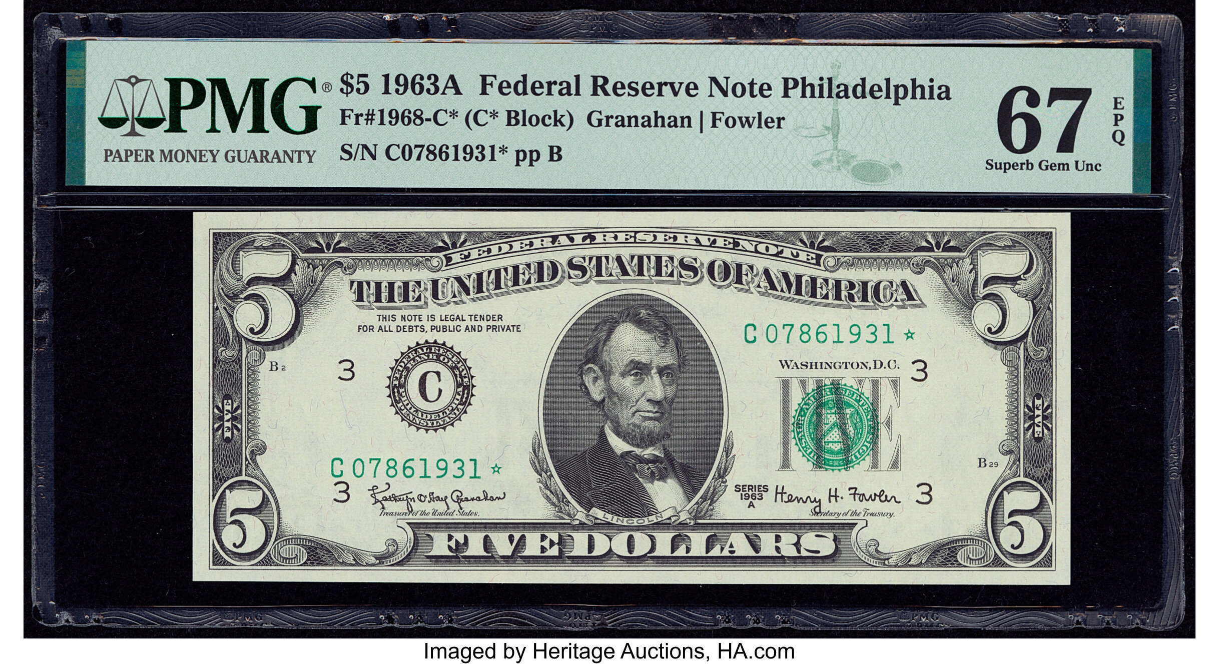 image for: Fr. 1968-C* $5 1963A Federal Reserve Star Note. PMG Superb Gem Unc 67 EPQ....