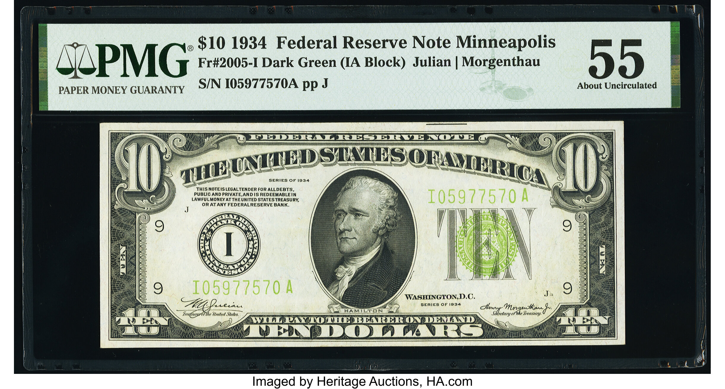 image for: Fr. 2005-I $10 1934 Federal Reserve Note. PMG About Uncirculated 55....