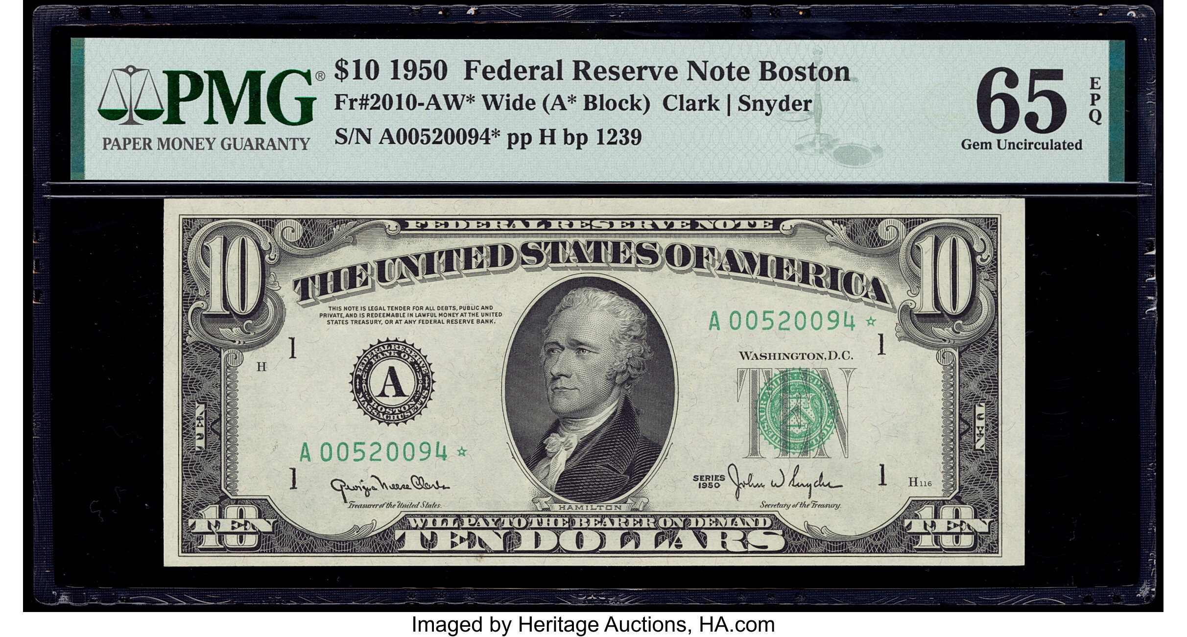 image for: Fr. 2010-A* $10 1950 Wide Federal Reserve Star Note. PMG Gem Uncirculated 65 EPQ....