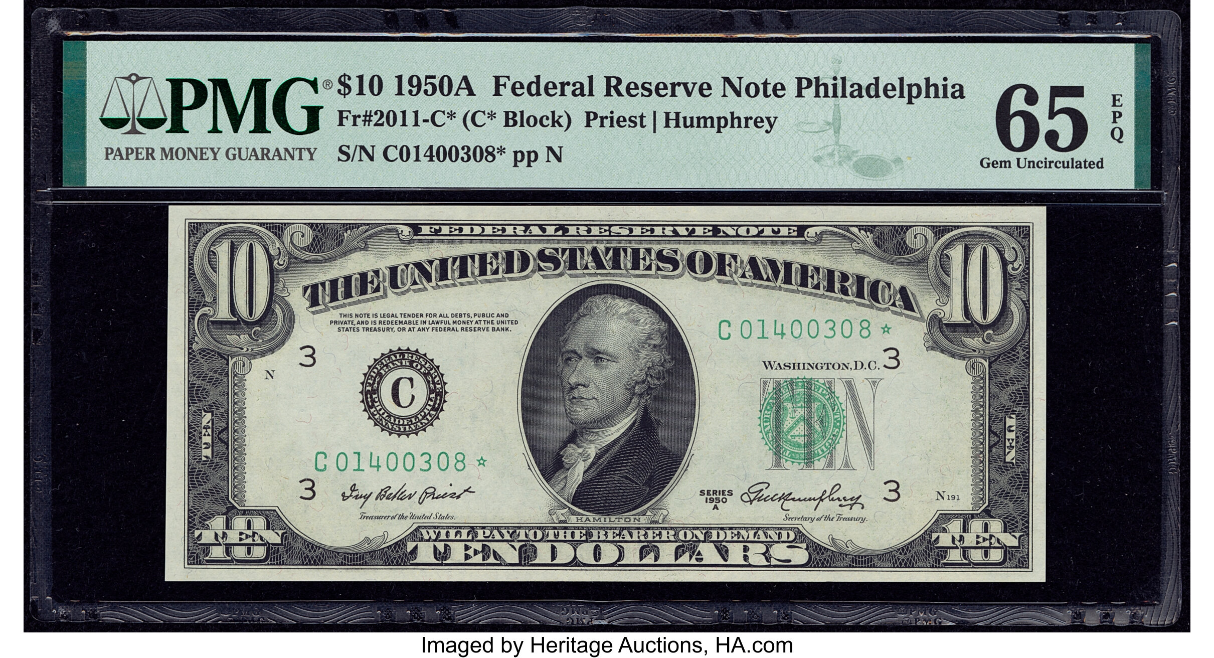 image for: Fr. 2011-C* $10 1950A Federal Reserve Star Note. PMG Gem Uncirculated 65 EPQ....