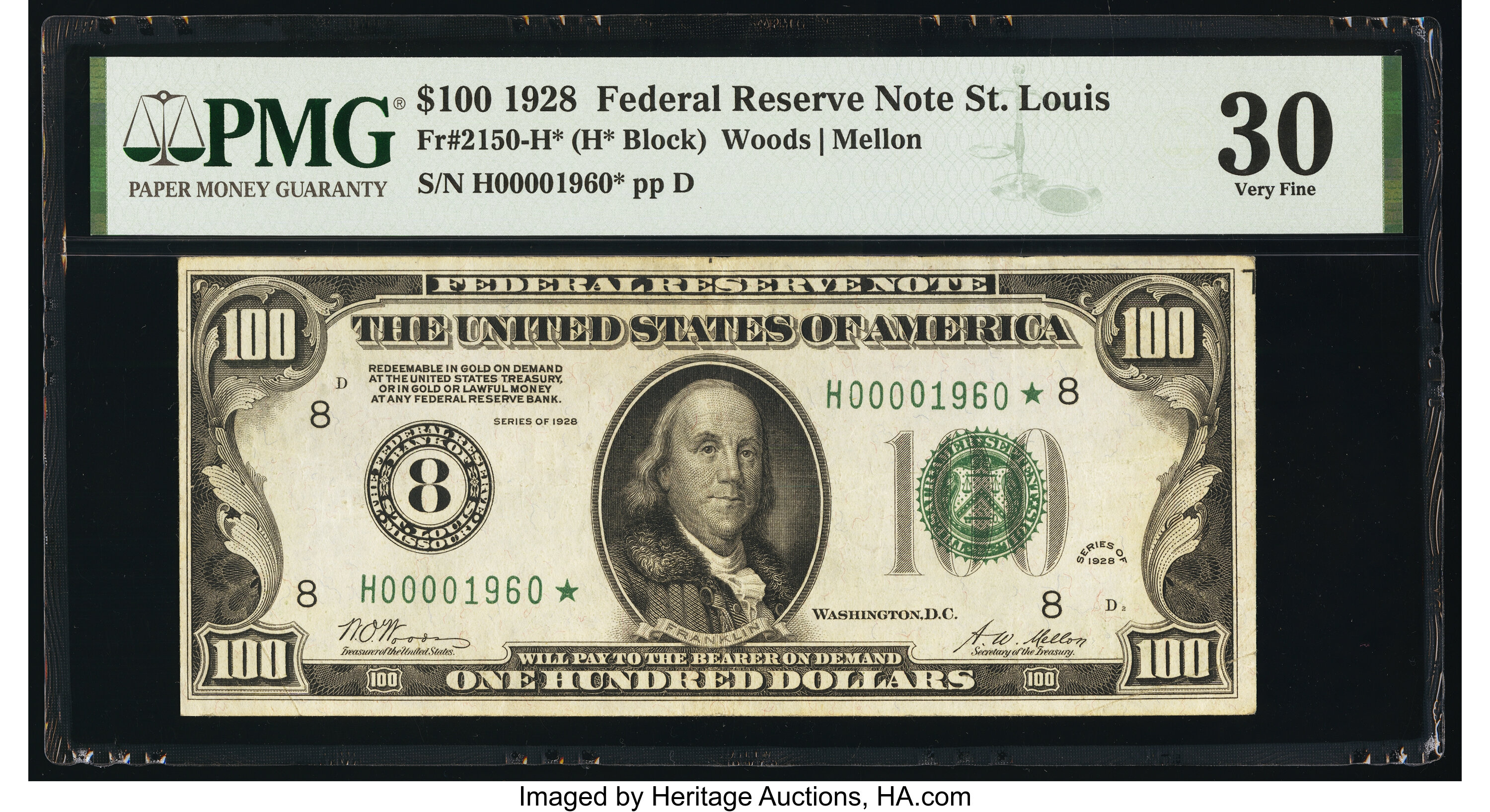 image for: Low Serial Number 1960 Fr. 2150-H* $100 1928 Federal Reserve Star Note. PMG Very Fine 30....