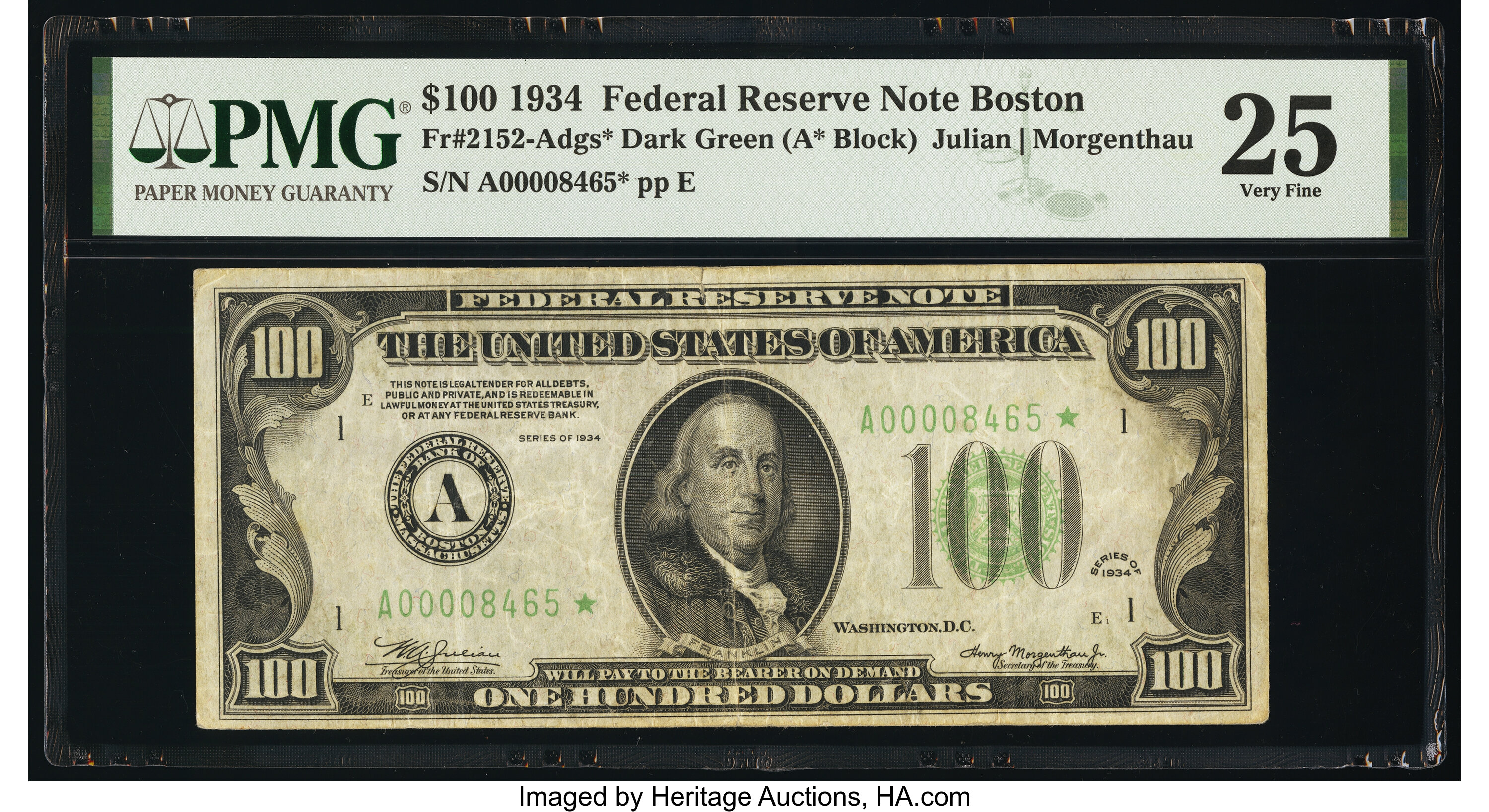 image for: Fr. 2152-A* $100 1934 Dark Green Seal Federal Reserve Star Note. PMG Very Fine 25....