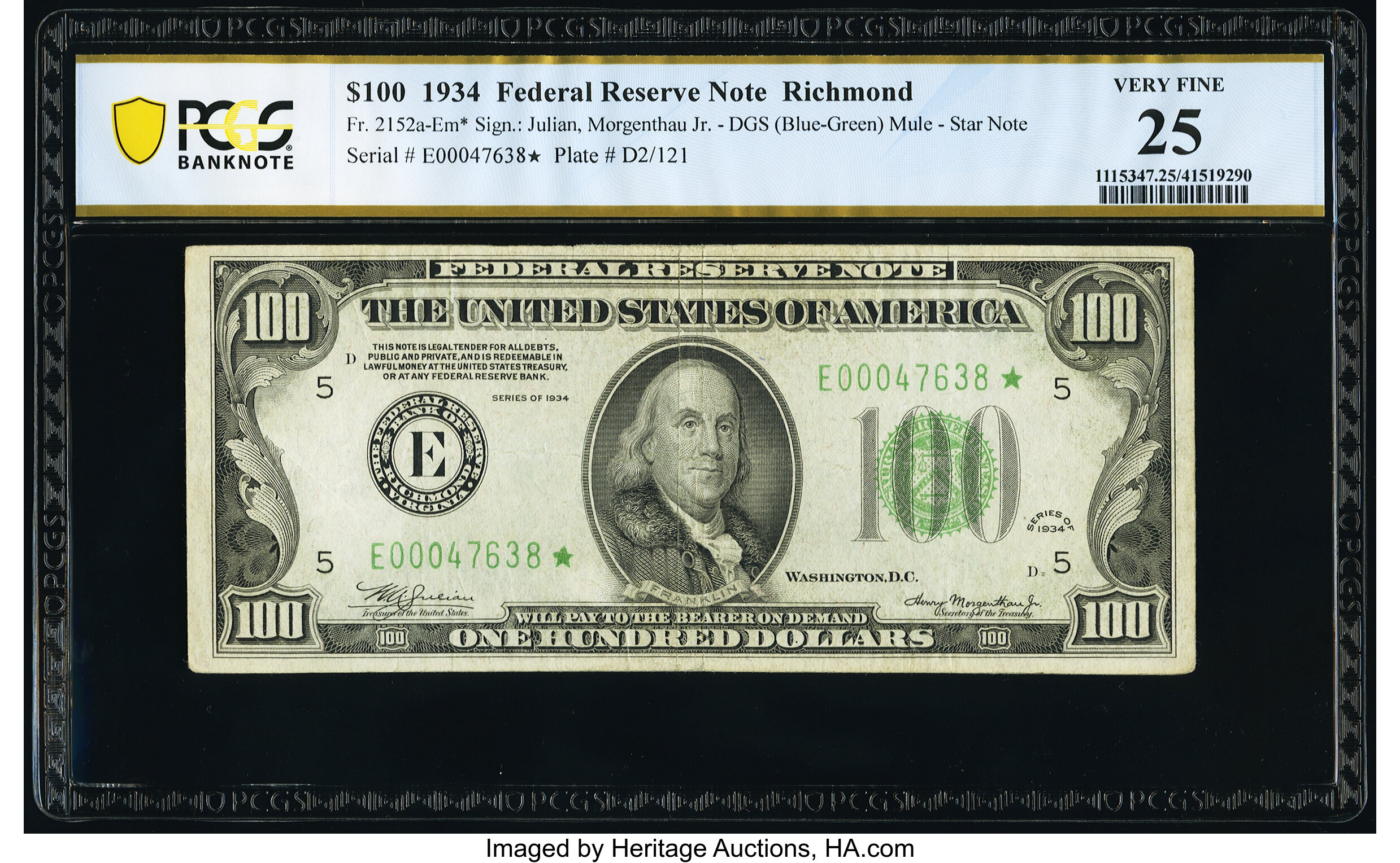 image for: Fr. 2152-E* $100 1934 Mule Federal Reserve Star Note. PCGS Banknote Very Fine 25....