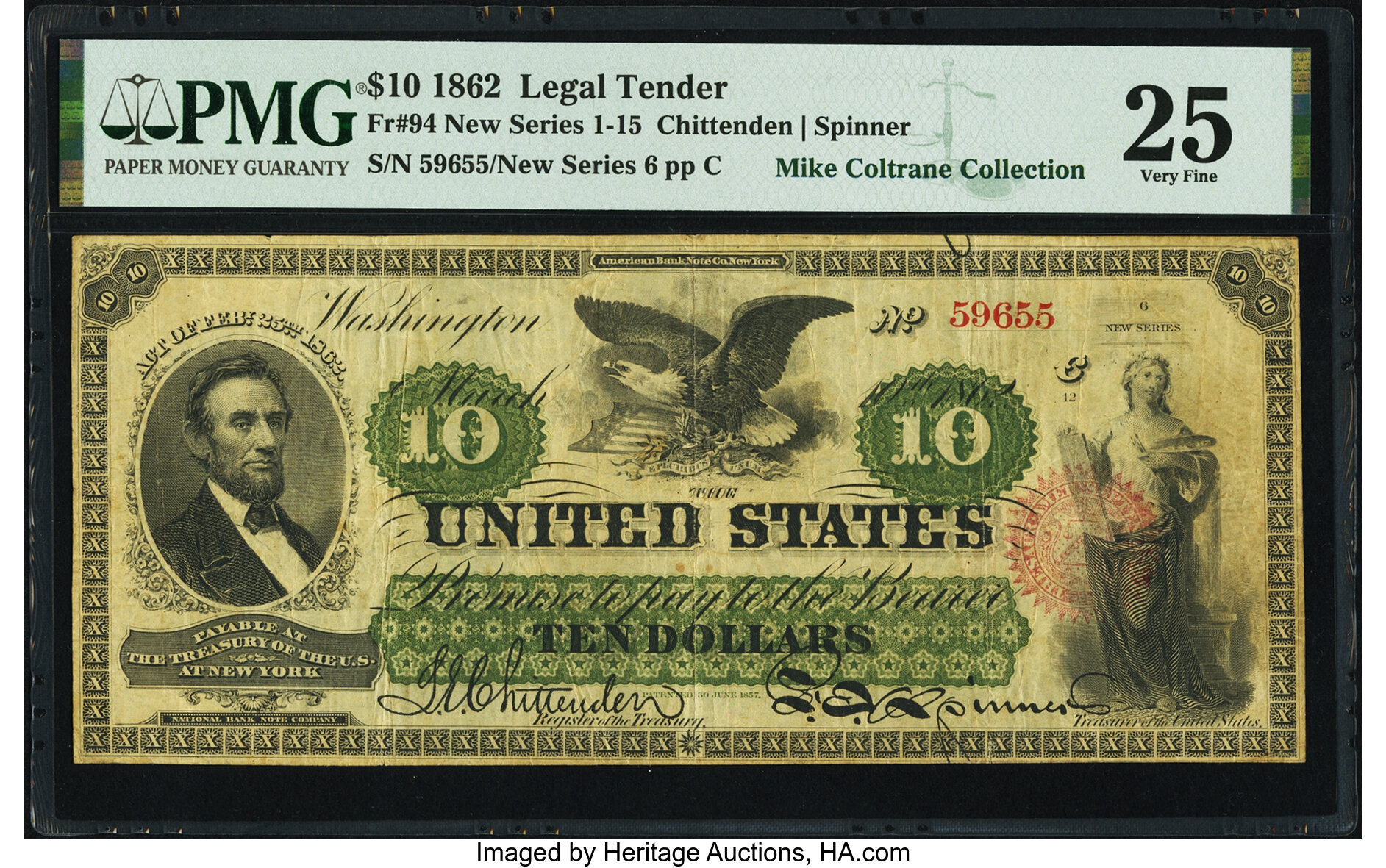 image for: Fr. 94 $10 1862 Legal Tender PMG Very Fine 25....