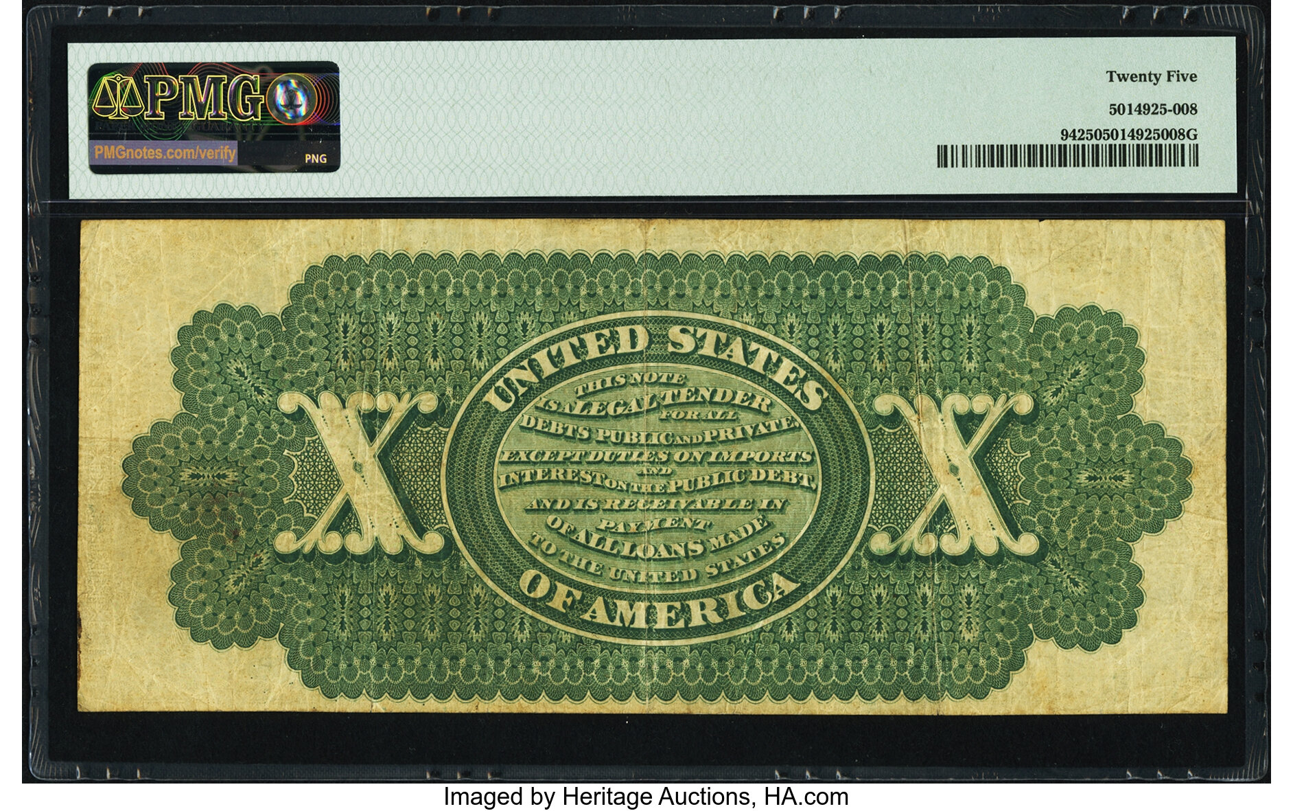 image for: Fr. 94 $10 1862 Legal Tender PMG Very Fine 25....