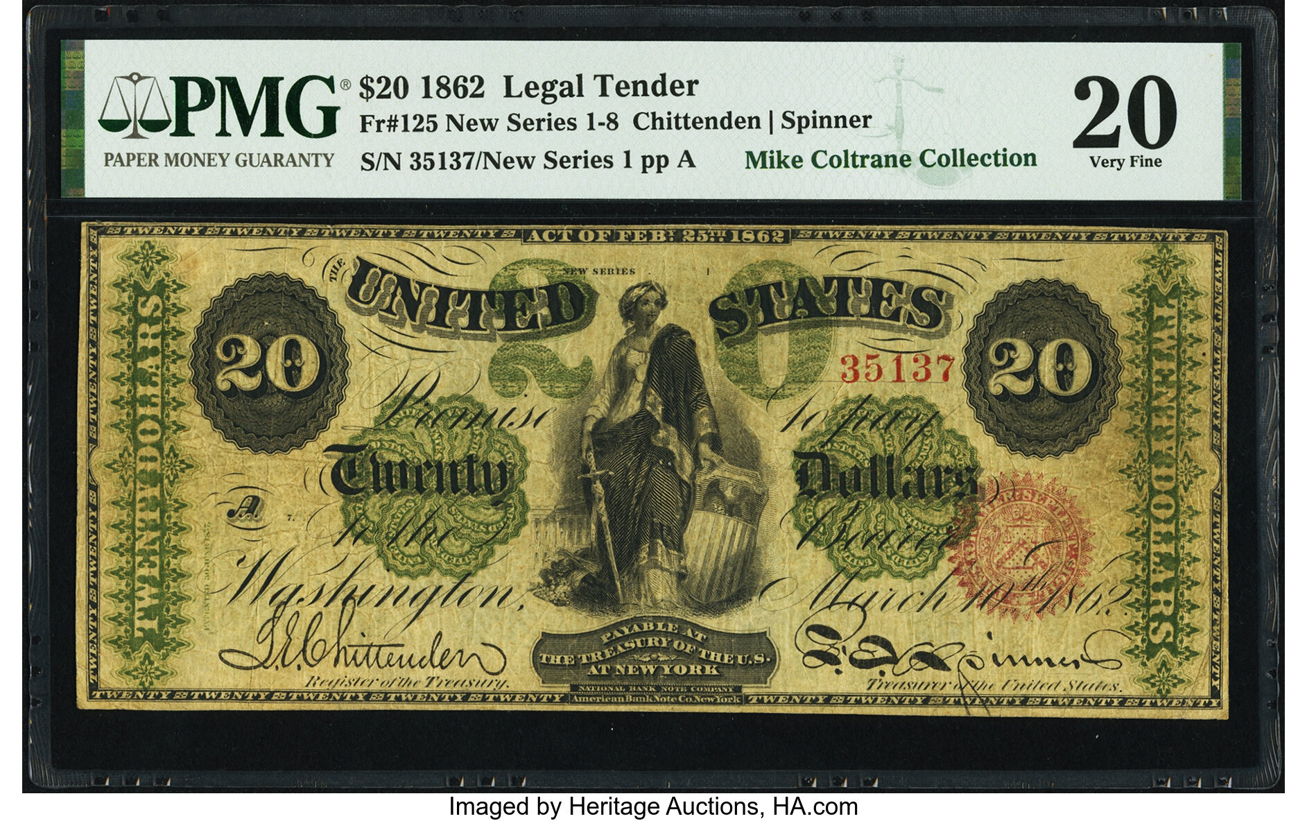 image for: Fr. 125 $20 1862 Legal Tender PMG Very Fine 20....