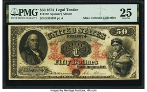 image for: Fr. 152 $50 1874 Legal Tender PMG Very Fine 25....