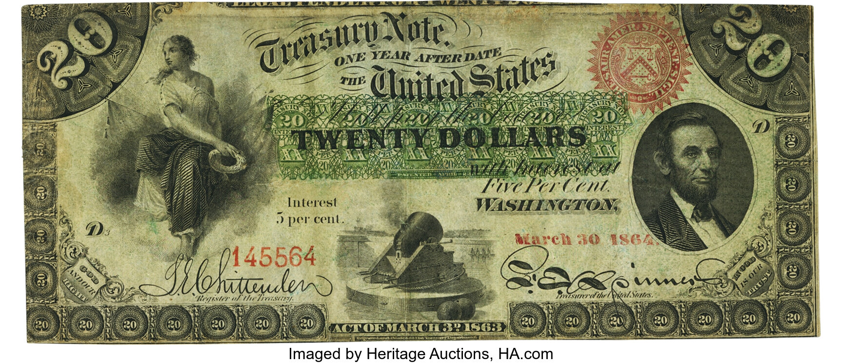 image for: Fr. 197a $20 Act of March 3, 1863 One-Year 5% Interest Bearing Note Hessler X137B. PMG Very Fine 25....