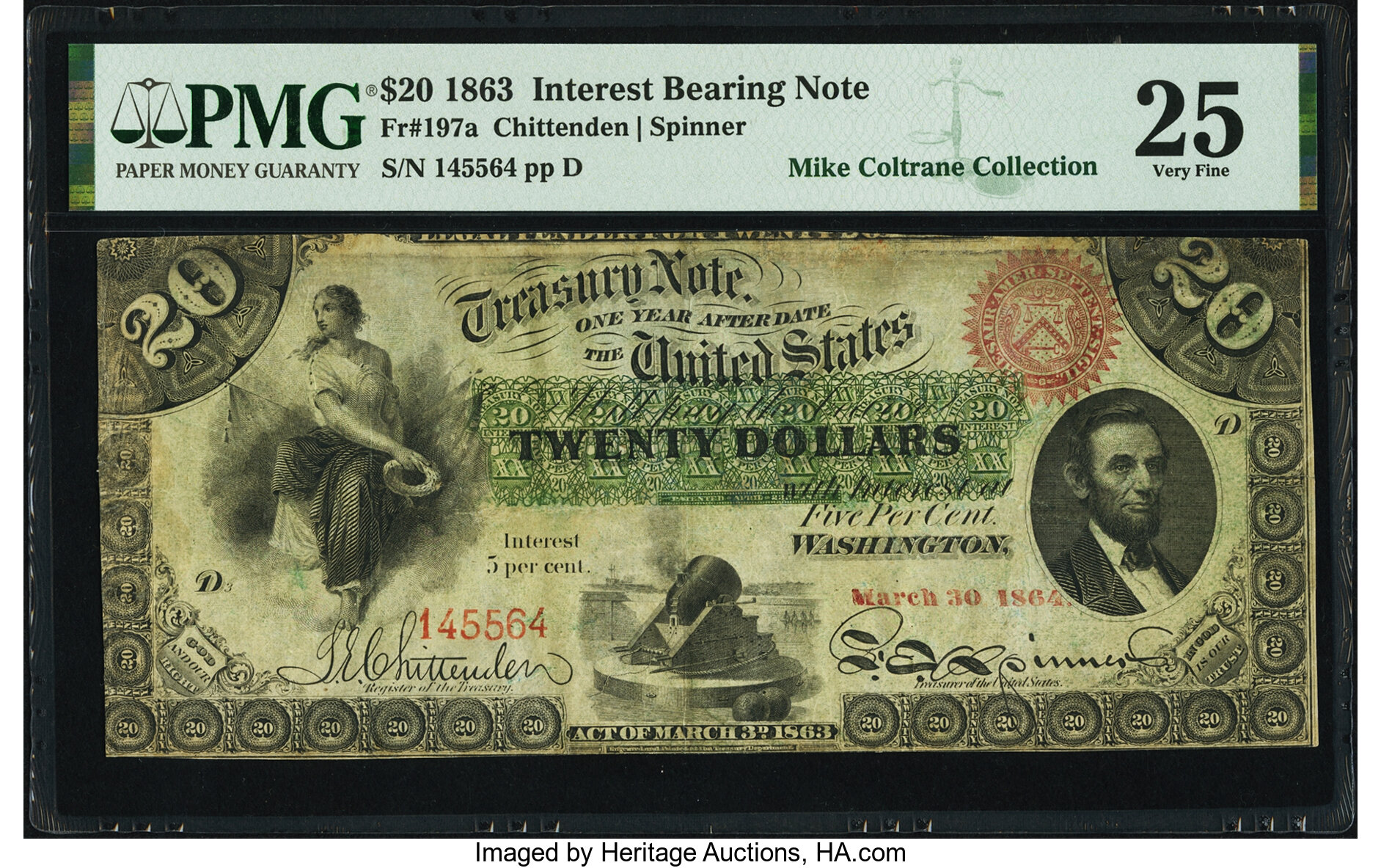 image for: Fr. 197a $20 Act of March 3, 1863 One-Year 5% Interest Bearing Note Hessler X137B. PMG Very Fine 25....