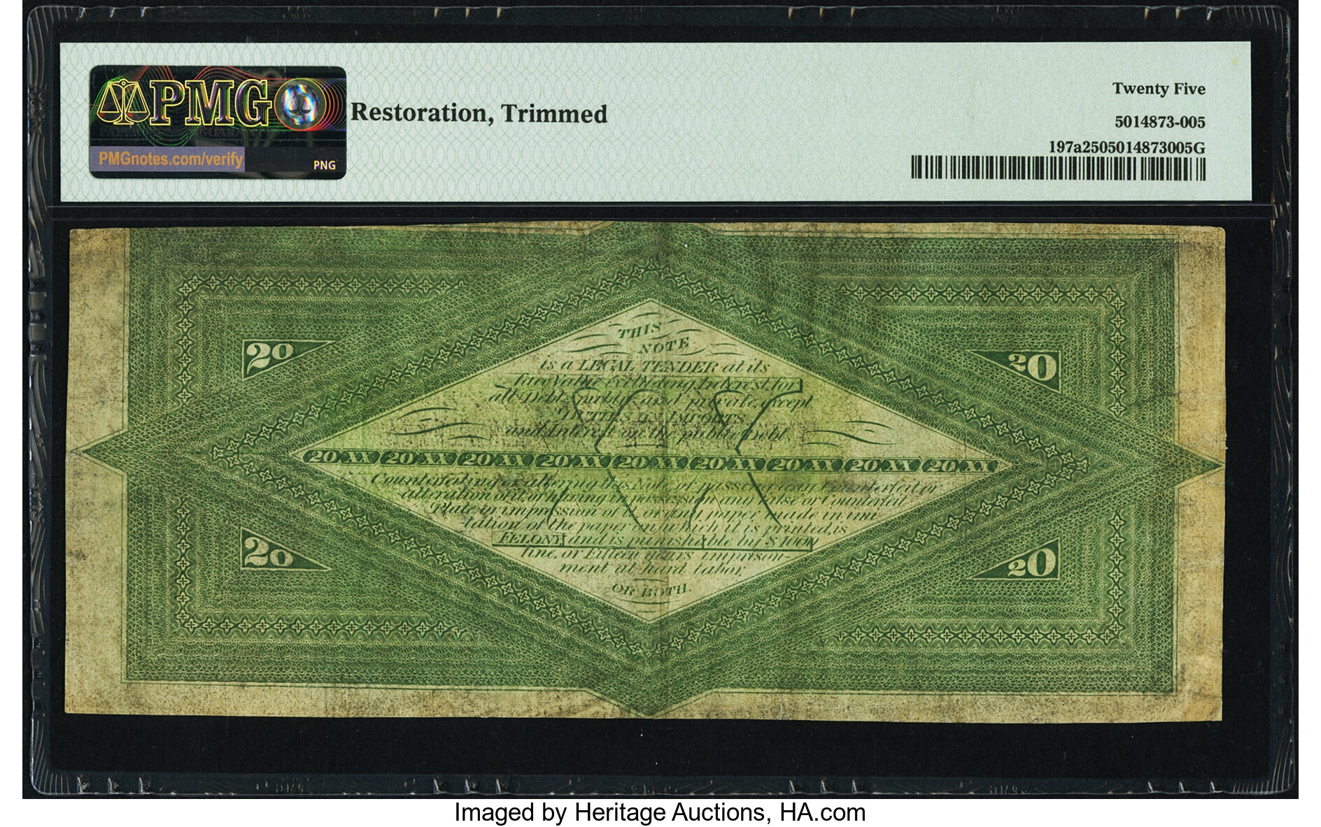 image for: Fr. 197a $20 Act of March 3, 1863 One-Year 5% Interest Bearing Note Hessler X137B. PMG Very Fine 25....