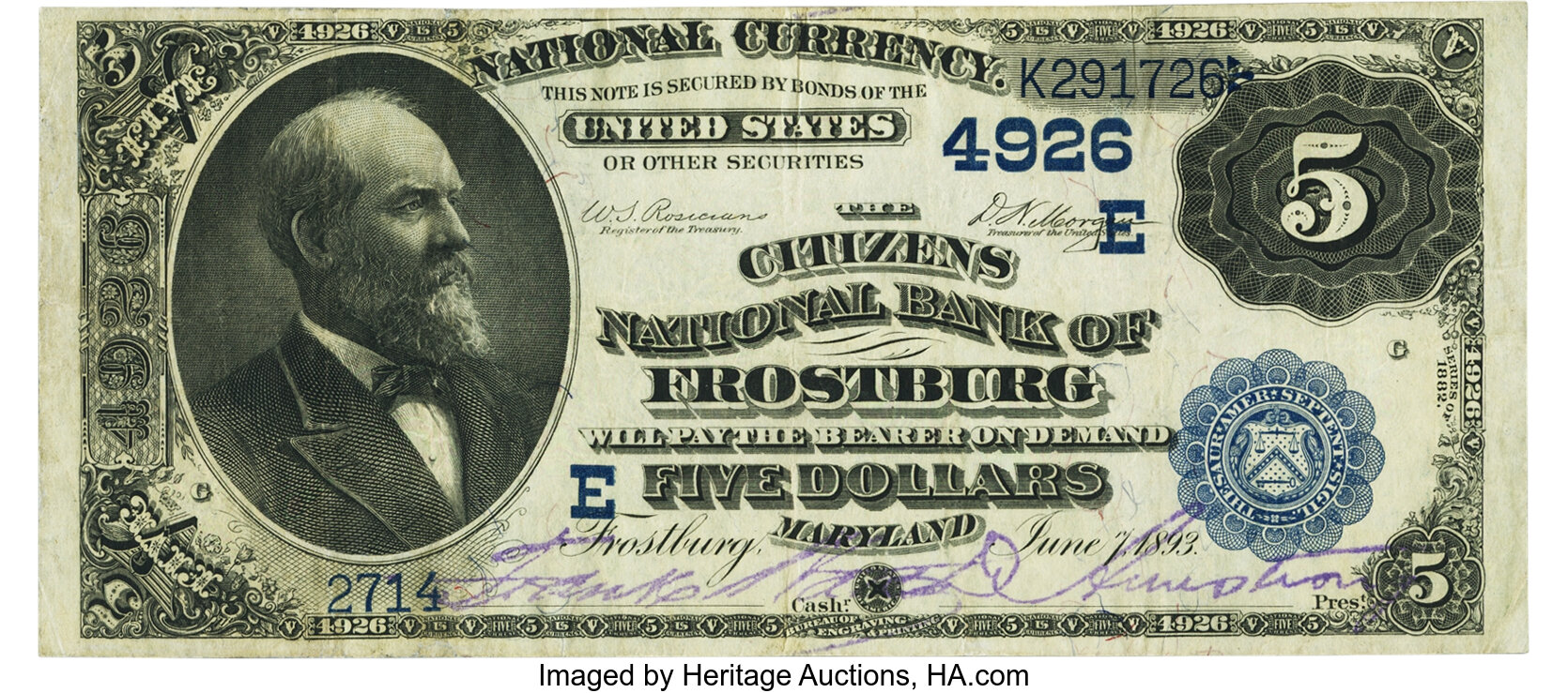 image for: Frostburg, MD - $5 1882 Date Back Fr. 533a The Citizens National Bank Ch. # 4926 PMG Very Fine 30....