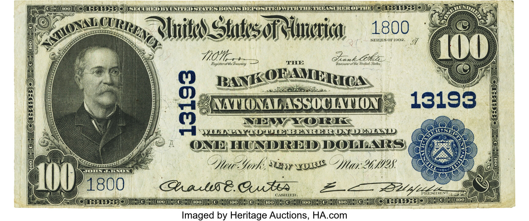 image for: New York, NY - $100 1902 Plain Back Fr. 707a The Bank of America National Association New York Ch. # 13193 PMG Very Fi...