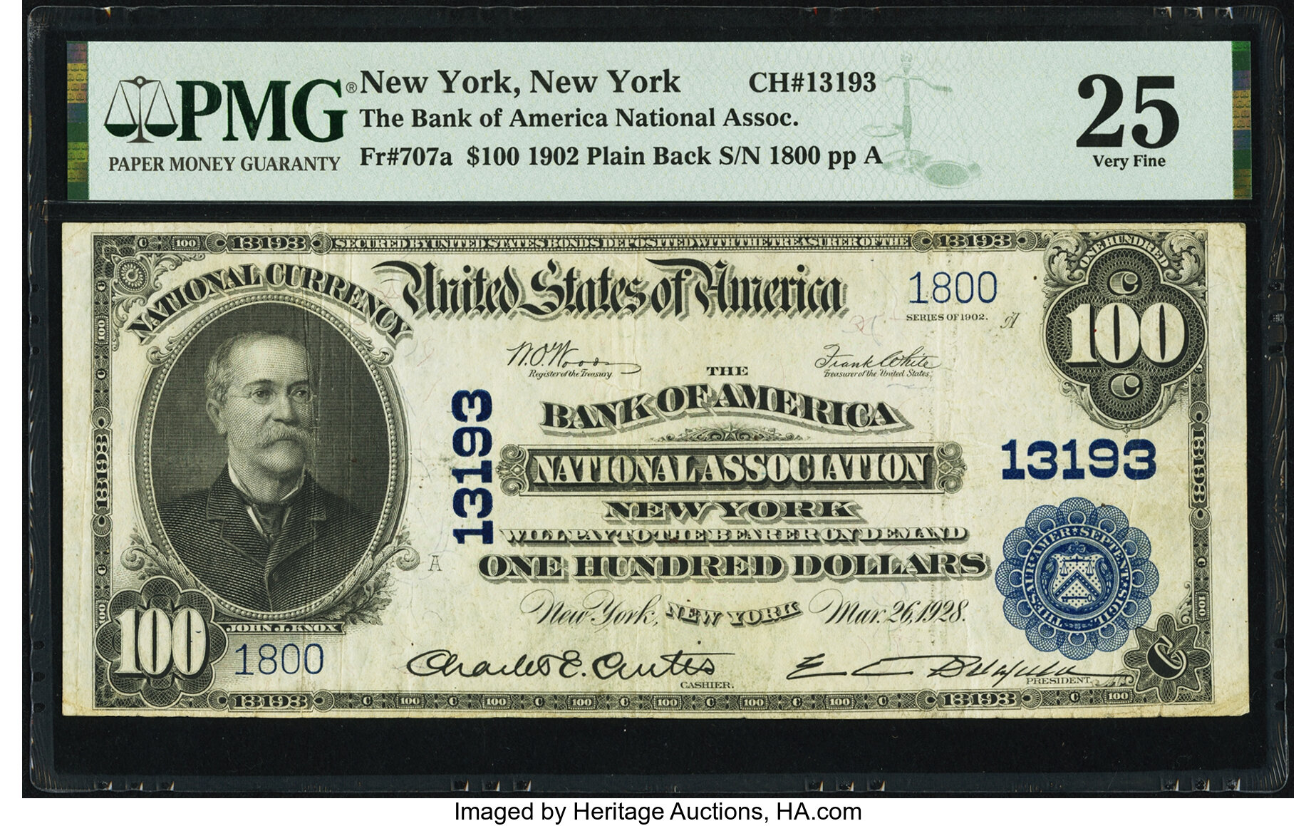 image for: New York, NY - $100 1902 Plain Back Fr. 707a The Bank of America National Association New York Ch. # 13193 PMG Very Fi...