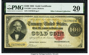 image for: Fr. 1206 $100 1882 Gold Certificate PMG Very Fine 20....