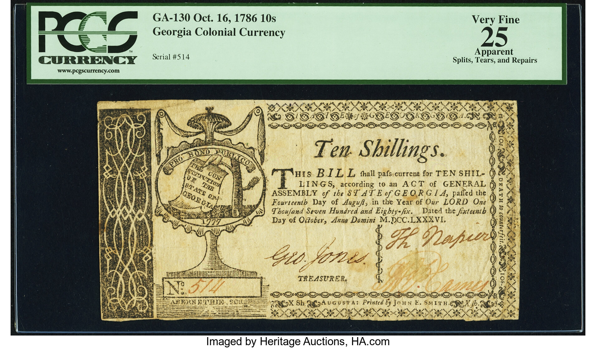 image for: Georgia October 16, 1786 10 Shillings Fr. GA-130 PCGS Apparent Very Fine 25....