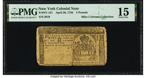 image for: New York April 20, 1756 5 Pounds Fr. 151 PMG Choice Fine 15....