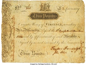 image for: Virginia March 4, 1773 3 Pounds Ashby Note Fr. VA-69 PMG Choice Fine 15....
