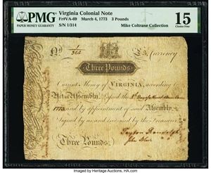 image for: Virginia March 4, 1773 3 Pounds Ashby Note Fr. VA-69 PMG Choice Fine 15....