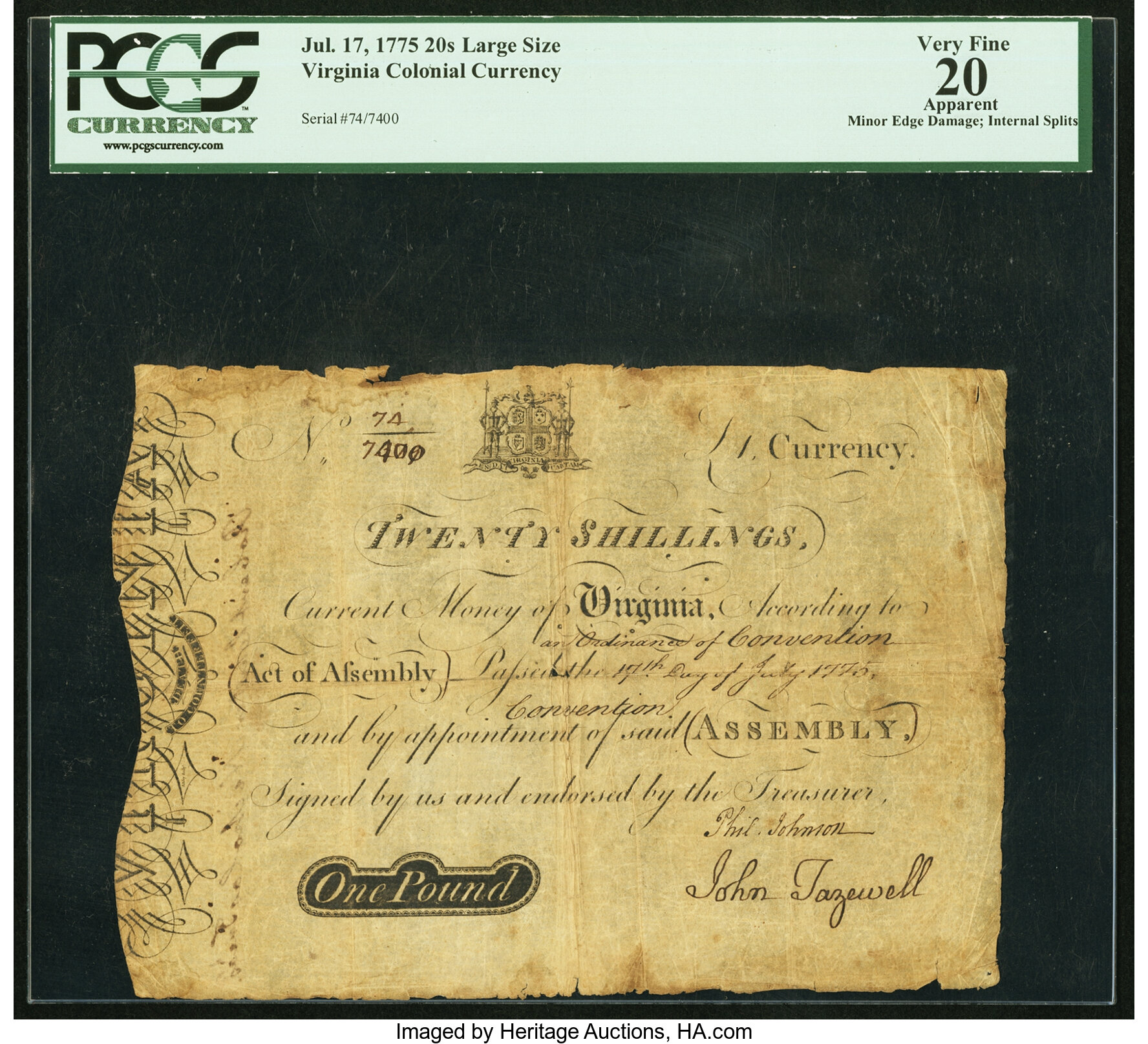 image for: Virginia July 17, 1775 20 Shillings Ashby Note Fr. VA-77b PCGS Apparent Very Fine 20....