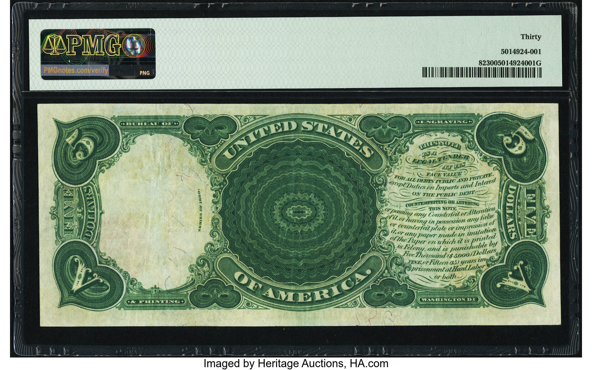 image for: Fr. 82 $5 1880 Legal Tender PMG Very Fine 30....